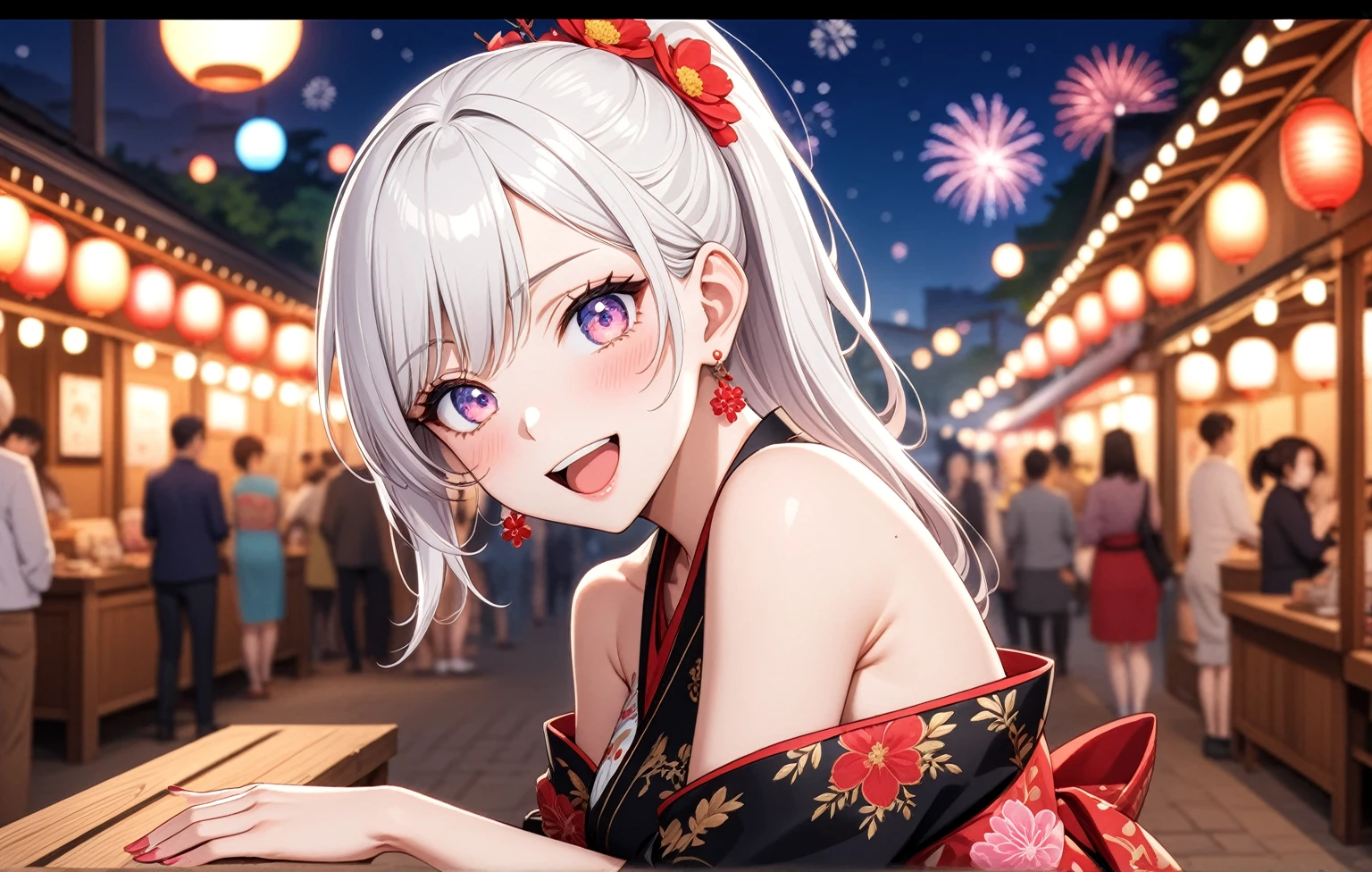 ((one personの女性)), Beautiful Face,Laughing embarrassedly,Laughing with your mouth open,Bright red cheeks,Glossy pink lips,night,Festival stalls on the riverbank,firework,((Anime style background)),masterpiece, highest quality, so beautiful, Latest, Complex details, (Pink long nails),AI-generated, Complex,High resolution, highest quality, super high quality,3D Images、View your viewers、3D Images,one person,Long white hair,High Ponytail,blue eyes,Anime woman posing for a photo, ((Fine grain、Colorful eyes、Shining Eyes:1.1)),(Squint your eyes:1.1),a hyperRealistic , hyperRealistic , Realistic,Anime woman with long and white hair, Smooth anime CG art, A woman in a colorful kimono with gold embroidery, (Black kimono),Red floral pattern,Long flower hair ornament,Big earrings,,Mature Body,(Big Breasts:1.0)Tall,Big Ass,Fine details,Narrow waist,(Face close-up:1.5),Bevel the background