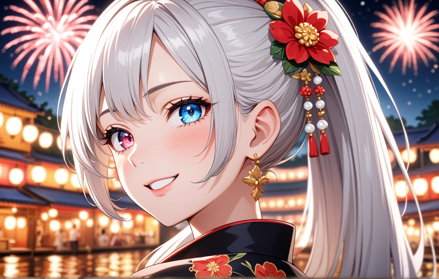 ((one personの女性)), Beautiful Face,Laughing embarrassedly,Laughing with your mouth open,Bright red cheeks,Glossy pink lips,night,Festival stalls on the riverbank,firework,((Anime style background)),masterpiece, highest quality, so beautiful, Latest, Complex details, (Pink long nails),AI-generated, Complex,High resolution, highest quality, super high quality,3D Images、View your viewers、3D Images,one person,Long white hair,High Ponytail,blue eyes,Anime woman posing for a photo, ((Fine grain、Colorful eyes、Shining Eyes:1.1)),(Squint your eyes:1.1),a hyperRealistic , hyperRealistic , Realistic,Anime woman with long and white hair, Smooth anime CG art, A woman in a colorful kimono with gold embroidery, (Black kimono),Red floral pattern,Long flower hair ornament,Big earrings,,Mature Body,(Big Breasts:1.0)Tall,Big Ass,Fine details,Narrow waist,(Face close-up:1.5),Bevel the background