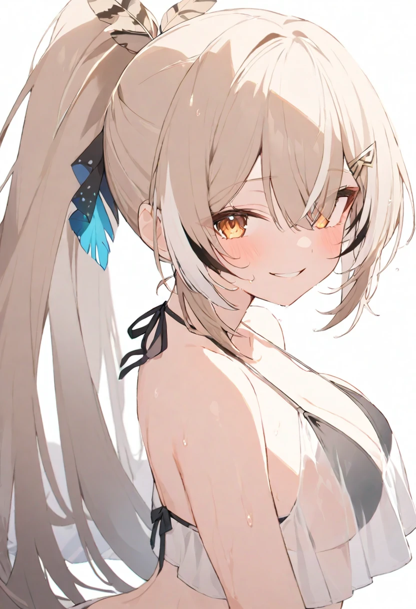 (masterpiece), (best quality), perfect face, beautiful girl, white background background, delicate and beautiful face and eyes, dark intense shadow, 
1 girl, vtuber style, cool girl, ho****ve, mumei, ponytail, very long hair, feather hair ornament, hairclip, bikini, wet body, big chest, cropped shoulders, clavicle, winking, smile, bare feet, chest visible through clothes, ass visible through thighs, (full body), looking at viewer, standing, 