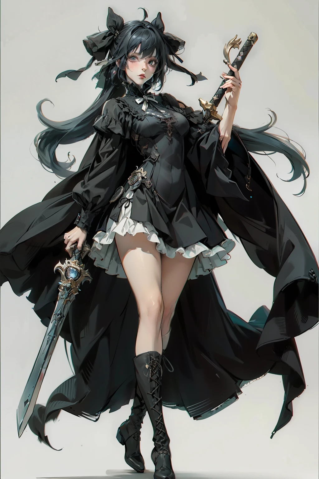 ((best quality)), ((masterpiece)), (detailed), blank white background, plain background, white background, Bloodborne inspired, occult aesthetic, occult, detailed and intricate steampunk and detailed gothic, NSFW, Very dramatic and cinematic lighting, cosmic horror, grim-dark, side-lighting, perfect face, NSFW, Fluttering lace flared long knee length dress with frilly petticoats, knee length dress, pleated petticoats, ta dress, petticoats gothic lolicomplex lace boots, wielding a sword and holding a shield, side-lighting, gothic lolita aetic, beautiful small breasts, small breasts, full body, whole body, body, plain background, white background, blank background, no background, white background NSFW, full body, whole body, head-to-toe