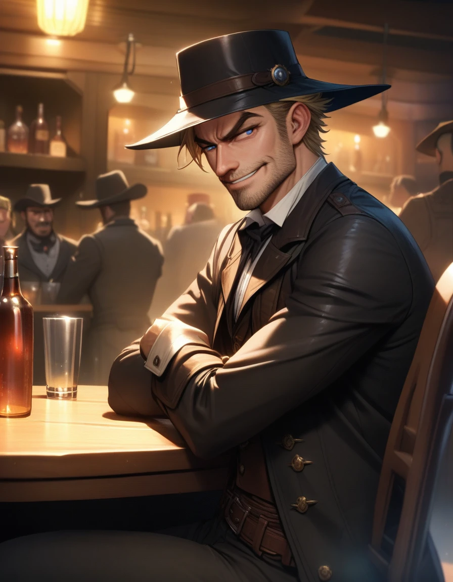 1man, mature gunman, blond, short hair, little scruff, blue eyes, ordinary outlaw, super detailed skin, handsome Caucasian, dandy, smirk, BREAK cowboy costume, tengallon hat, black coat, waist holster, 1800s style outfit, BREAK fullbody, solo focus, looking at viewer, indoor, Western bar, at night, sitting on chair, detailed background, from side, romantic expression, cinematic shadows, cinematic lighting, lens flare, light leaks, in eroge style, 8k, sharp vision, extreme all detailed, masterpiece, best quality