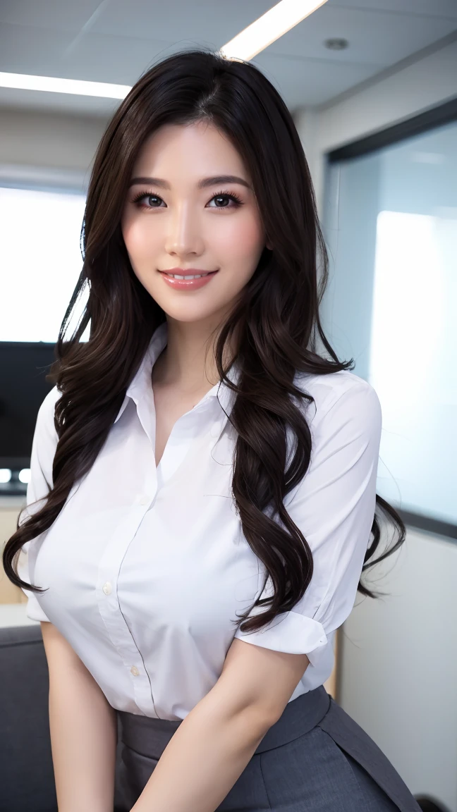 ((highest quality, 8k, masterpiece, Portraiture: 1.3)), (View your viewers), (close:0.85), Attractive business mature woman, A little thick:0.25, White collared shirt, Grey Skirt, (Big Breasts:1.4), A kind smile、A captivating gaze、 (In an empty office)、Random hairstyle、Good posture、Look forward、((Sweaty skin))、
