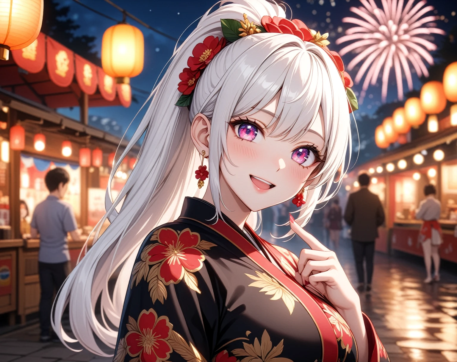 ((one personの女性)), Beautiful Face,Laughing embarrassedly,Laughing with your mouth open,Bright red cheeks,Glossy pink lips,night,Festival stalls on the riverbank,firework,((Anime style background)),masterpiece, highest quality, so beautiful, Latest, Complex details, (Pink long nails),AI-generated, Complex,High resolution, highest quality, super high quality,3D Images、View your viewers、3D Images,one person,Long white hair,High Ponytail,blue eyes,Anime woman posing for a photo, ((Fine grain、Colorful eyes、Shining Eyes:1.1)),(Squint your eyes:1.1),a hyperRealistic , hyperRealistic , Realistic,Anime woman with long and white hair, Smooth anime CG art, A woman in a colorful kimono with gold embroidery, (Black kimono),Red floral pattern,Long flower hair ornament,Big earrings,,Mature Body,(Big Breasts:1.1)Tall,Big Ass,Fine details,Narrow waist,(Face close-up:1.5),tilt one's head,Bevel the background