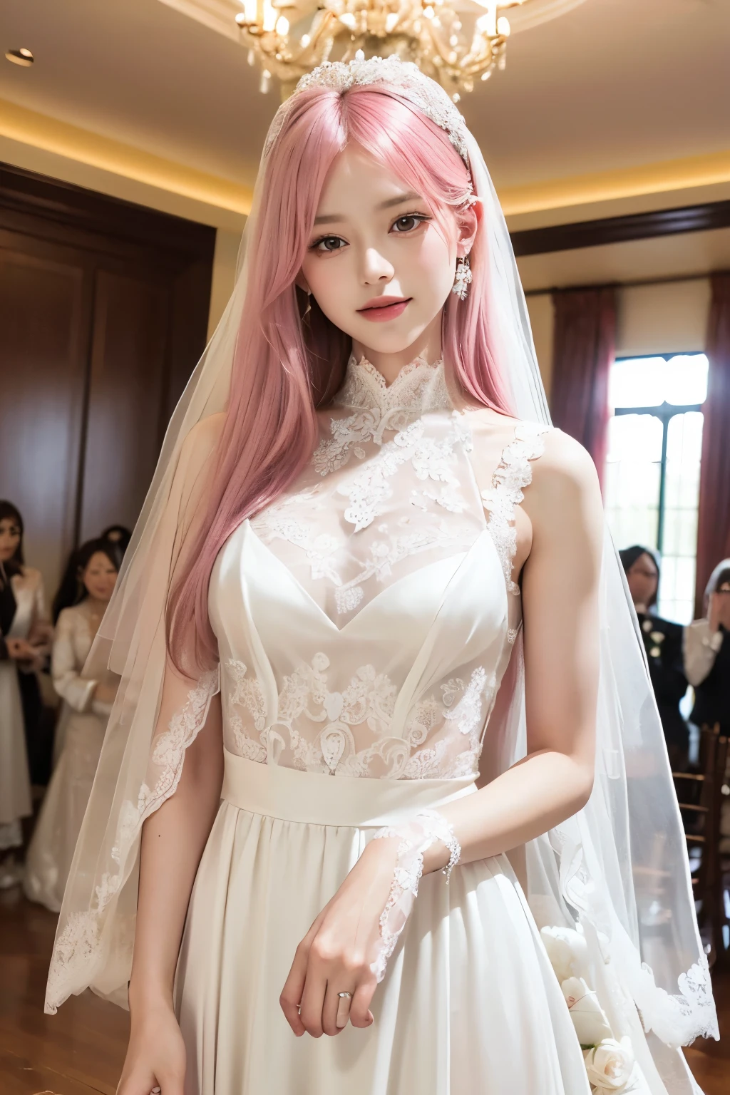 (8K, top-quality, masterpiece:1.2), (reallistic, Photorealsitic:1.37), Super Detail, One girl,), (Highly detailed), (beautifully detailed eyes), (of the highest quality), (super detailed ), (masterpiece), (Detailed face),20yr old, ,1 girl, ((pink hair,long hair)), medium breasts, clothed, Perfect Lighting, BREAK, (wedding dress:1.5), (sheer fabric:1.3), (lace details:1.4), (modest exposure:1.2), (innocent yet sexy:1.3), (white:1.4), (ivory:1.2), (beige:1.1), (long train:1.2), (high-neck blouse:1.1), (wide-leg culottes:1.2), (silk socks:1.1), (flat shoes:1), BRAKE, (upper body to thighs:1.3), (long pink hair:1.2), (standing:1.2), (smile:1.2), (face forward:1), (looking at viewer:1), (hands on dress:1), (chandelier:1.1), (white flowers:1), (natural light:1.2), (wedding hall:1.2)
