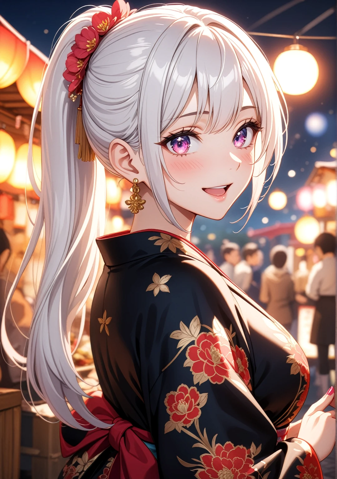 ((one personの女性)), Beautiful Face,Laughing embarrassedly,Laughing with your mouth open,Bright red cheeks,Glossy pink lips,night,Festival stalls on the riverbank,firework,((Anime style background)),masterpiece, highest quality, so beautiful, Latest, Complex details, (Pink long nails),AI-generated, Complex,High resolution, highest quality, super high quality,3D Images、View your viewers、3D Images,one person,Long white hair,High Ponytail,blue eyes,Anime woman posing for a photo, ((Fine grain、Colorful eyes、Shining Eyes:1.1)),(Squint your eyes:1.1),a hyperRealistic , hyperRealistic , Realistic,Anime woman with long and white hair, Smooth anime CG art, A woman in a colorful kimono with gold embroidery, (Black kimono),Red floral pattern,Long flower hair ornament,Big earrings,,Mature Body,(Big Breasts:1.0)Tall,Big Ass,Fine details,Narrow waist,(Face close-up:1.5),Bevel the background