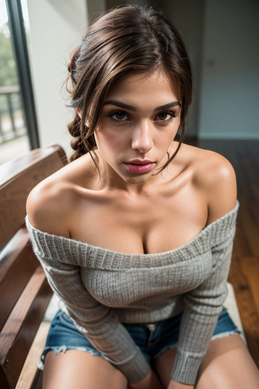 (Masterpiece, best quality, photorealistic, highres, professional photography, :1.4), close-up shot, sharp focus, (1 girl, Anllela Sagra), perfect hands and fingers, realistic skin, perfect body shape, cleavage, (braids, extremely detailed hair), delicate sexy face, detailed eyes, heart-shaped pupils, detailed face, detailed lips, playful gaze, glossy lips, ((shorts, off-shoulder sweater)), sitting on bench, in park, fashion photograph, film, bokeh, ((soft illumination, highly detailed, realistic, super realistic, realism, realistic detail)), dimly lit, rim lighting, (very slim, lean and muscular body:1.3), perfect fit body, cum, cumshot, cum on face.