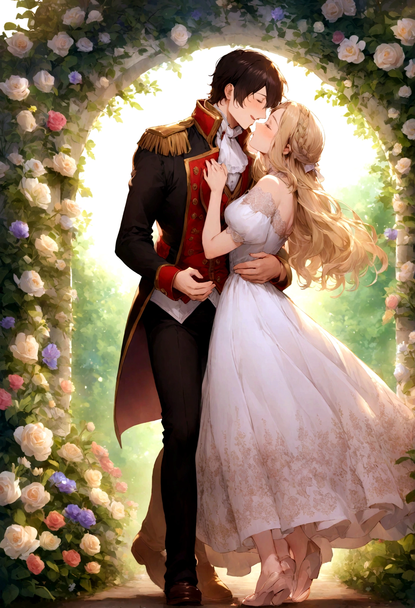 Napoleon and Josephine、A photo of them walking together in a beautiful garden、The couple hold hands and whisper sweet words of love. Napoleon kisses Josephine on the cheek.