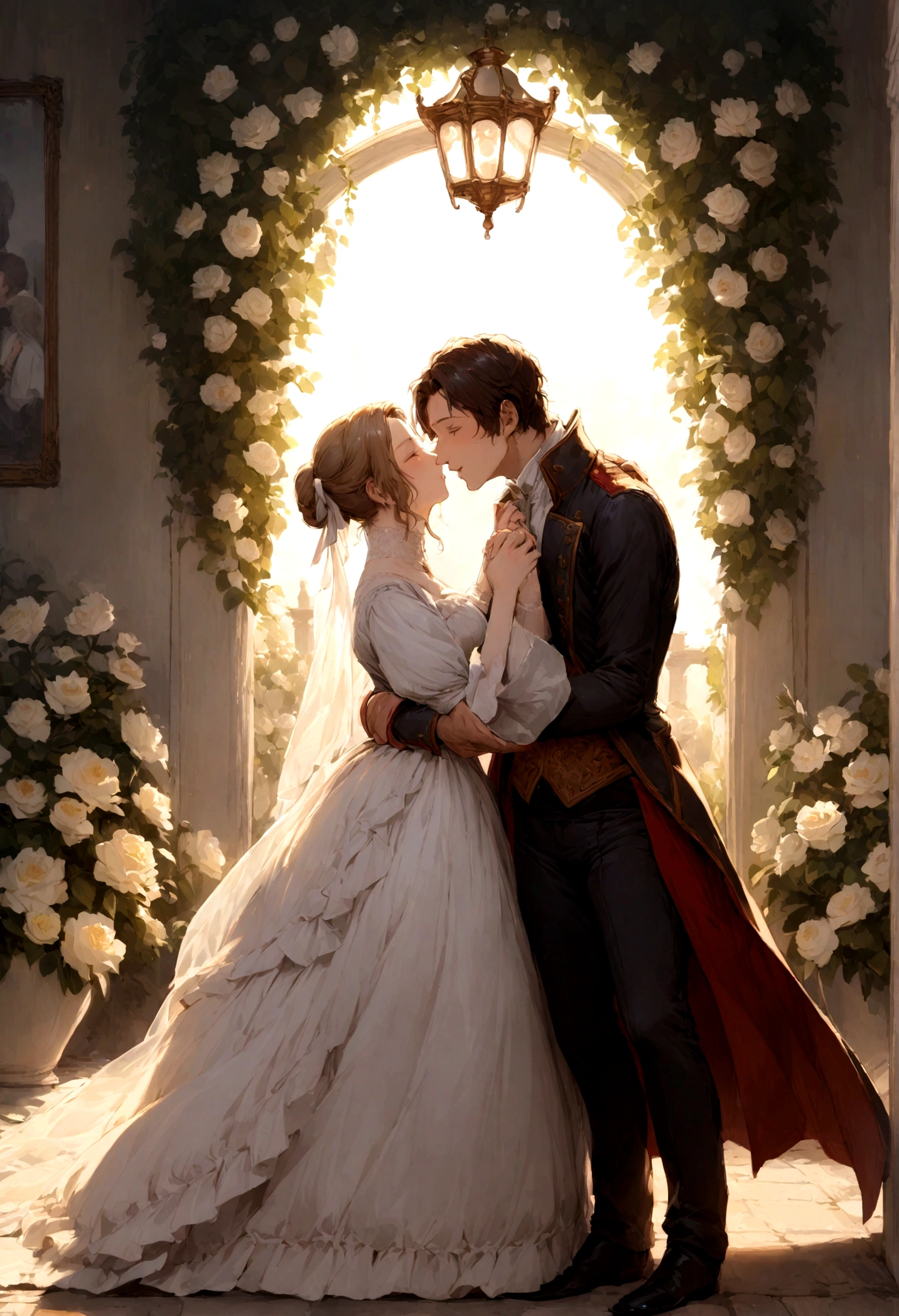 Napoleon and Josephine、A photo of them walking together in a beautiful garden、The couple hold hands and whisper sweet words of love. Napoleon kisses Josephine on the cheek.