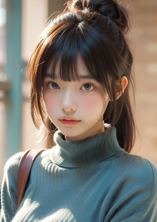 (((Upper body shot,Close-up photo)))、(((Shoulder-length brown straight hair,With bangs,Bun hairstyle)))、(((Against a light interior background)))、(((Turquoise Summer Sweater)))、18 years old、angry girl、D cup breasts、Protruding dot on chest、Light eye makeup、Ultra-realistic faces、High resolution 16K、Skin texture must be natural、Use natural light and color、 High-quality photos taken by model agencies.