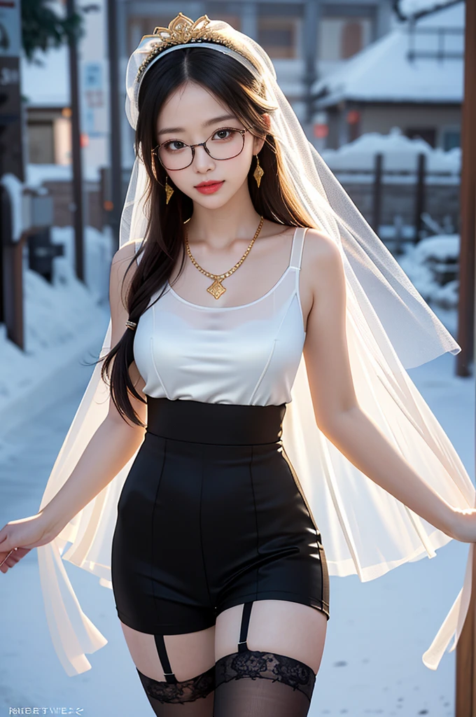 Shy woman beside the snow mountain hot spring,(8K Ultra HD、Digital SLR Camera、Soft Light、high quality、Volumetric Lighting、frank、photo、high resolution、4k、8K、Bokeh),(Rich details on the eyes and face,warm color, Very saturated colors,Show a charming smile, little cherry mouth, mouth closed, Balanced Eyes, Perfect face, Pretty Face, black eyes,Skin is transparent and visible, Shirasawa skin, cosmetic, (Glasses),earrings, necklace, Jewelry,veil,Hair accessories),(Create stunning images of real girls, warm light, Dynamic poses, Elegant Posture, Cowboy lens, Front full body,Look confident from the front,Body facing the camera,Standing pose facing the camera,Open your legs slightly,Golden Ratio Graphics,Minimalism, ), , Chinese female students,Messy Hairstyle,,Gradient hairstyles,Cyberpunk hairstyle,(Transparent clothes:1.5),Beige clothes,Fishnet Clothes,Transparent clothes, tights, Open pants,(Sexy,Perfect breast shape、Very detailed breasts,34E cup),No underwear,(High waist,Waist hollow,Levain),Flesh-colored socks.(Clear knee-length socks、garter、腿部garter)