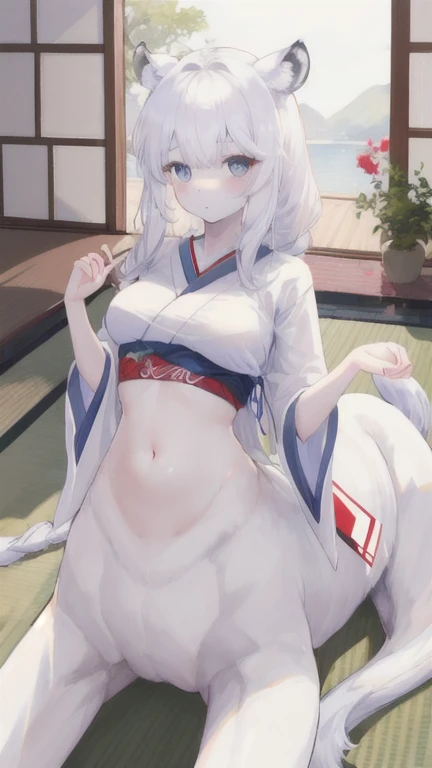 (best quality, masterpiece), 1 girl, centaur, It takes, White skin, Japanese , exposing the abdomen,belly button t-shirt, 아름다운 소녀 perfect white tiger photo, perfect white tiger photo