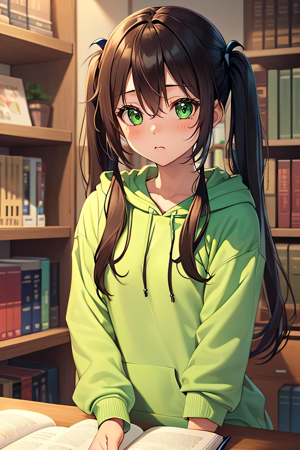 sho, matcha, hotatenshi, tsvbvra, 1girl, (((detailer))), cute, ((short girl)), ((cute)), green eyes, dark brown hair, (((long twintails))), bangs, light green hoodie, blush, book, bookshelf, closed mouth, hair between eyes, hoodie, indoors, leaf, long sleeves, plant, sitting, solo, greenery, (((bright colors))), ((long hair)), (((upper body))), leaning on the table