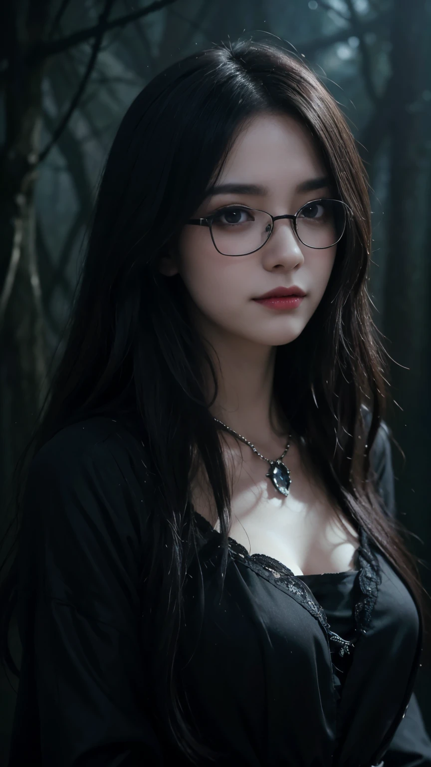 (Highest quality,4K,8k,High resolution,masterpiece:1.2),Very detailed,(Realistic,photoRealistic,photo-Realistic:1.37), Close-up of a woman with dark hair and wearing a black dress, Dark Eyes,an  ominous笑顔,((((Glasses))))、((((big sapphire necklace))))、Evil Aura,Burning Flames,Soul Corruption,Dark Shadows,an  ominous雰囲気,Strange symbols,Cursed Land,Eternal Darkness,Unforgettable are present,Intimidating person,Grotesque features,Horror Scene,twisted reality,Scary atmosphere,A wonderful work of art,Evil Unleashed,Supernatural horror,Spooky art,nightmare fuel,Terrifyingly clear,Abstract fear,Terrifyingly beautiful,masterpiece,Fear incarnate,Shadow Chaos,are present,to be born々Shii Darkness,in style of Dark Fantasy Art, Dark Fantasy Art, Beautiful and elegant queen of darkness, Dark Fantasy Art, Fantasy Dark Art, Dark fantasy digital art, Gothic fantasy art, Gothic Dark Maiden, Detailed Texture,Spooky creatures,an  ominous雰囲気,Mythical,Space horror,darkness,mysterious,Dark aesthetic,Fog Background,Eyes of another world,Ancient Gods々々々々々々々, Powerful wizard, mysteriousStanding in the woods. A loose robe decorated with symbols, Arms stretched out, Powerful,Tentacles,Pitch black blackness,Majestic,Unfathomable depth,nightmare,The are present of the universe,an  ominousare present,seeping darknesss,Secrets of the Universe, (Spooky atmosphere), (((Dramatic Shadows), (Dynamic pose), ((Artistically expressed)), ((charm), (Gothic), (mysterious Setting), (Moody color palette), (Skillfully drawn), (sense of unease), (Intricate details), (an  ominous smile), (an  ominous), (charm eyes), (Horror elements), (charm composition), (Impressive anatomy),(Striking contrast))), (Interesting character designs)、Dark Fantasy Portrait, Portrait of the Dark Goddess, 