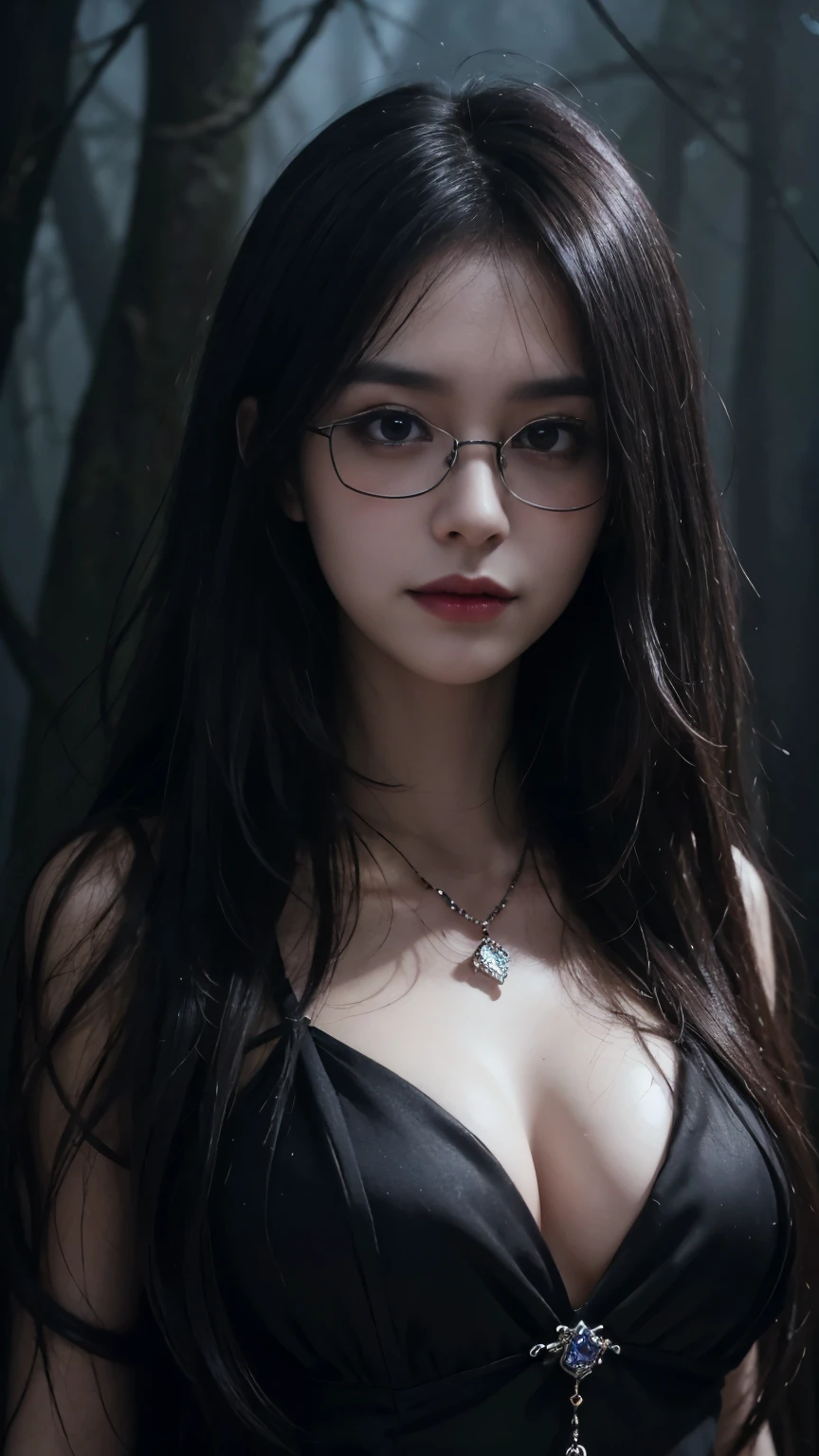 (highest quality,4K,8k,High resolution,masterpiece:1.2),Very detailed,(Realistic,photoRealistic,photo-Realistic:1.37), Close-up of a woman with dark hair and wearing a black dress, Dark Eyes,An ominous smile,((((Glasses))))、((((big sapphire necklace))))、Evil Aura,Burning Flames,Soul Corruption,Dark Shadows,An ominous atmosphere,Strange symbols,Cursed Land,Eternal Darkness,Unforgettable are present,Intimidating person,Grotesque features,Horror Scene,twisted reality,Scary atmosphere,A wonderful work of art,Evil Unleashed,Supernatural horror,Spooky art,nightmare fuel,Terrifyingly clear,Abstract fear,Terrifyingly beautiful,masterpiece,Fear incarnate,Shadow Chaos,are present,to be born々Shii Darkness,in style of Dark Fantasy Art, Dark Fantasy Art, Beautiful and elegant queen of darkness, Dark Fantasy Art, fantasy dark art, Dark fantasy digital art, Gothic fantasy art, Gothic Dark Maiden, Detailed Texture,Spooky creatures,An ominous atmosphere,Mythical,Space horror,darkness,Mysterious,Dark aesthetic,Fog Background,Eyes of another world,Ancient Gods々々々, Powerful wizard, MysteriousStanding in the woods. Flowing robes decorated with symbols, Arms stretched out, Powerful,Tentacles,Pitch black blackness,Majestic,Unfathomable depth,nightmare,The are present of the universe,an ominousare present,seeping darknesss,Secrets of the Universe, (Spooky atmosphere), (((Dramatic Shadows), (Dynamic pose), ((Artistically expressed)), ((charm), (Gothic), (Mysterious Setting), (Moody color palette), (Skillfully drawn), (sense of unease), (Intricate details), (an ominous smile), (an ominous), (charm eyes), (Horror elements), (charm composition), (Impressive anatomy),(Striking contrast))), (Interesting character designs)、Dark Fantasy Portrait, Portrait of the Dark Goddess,