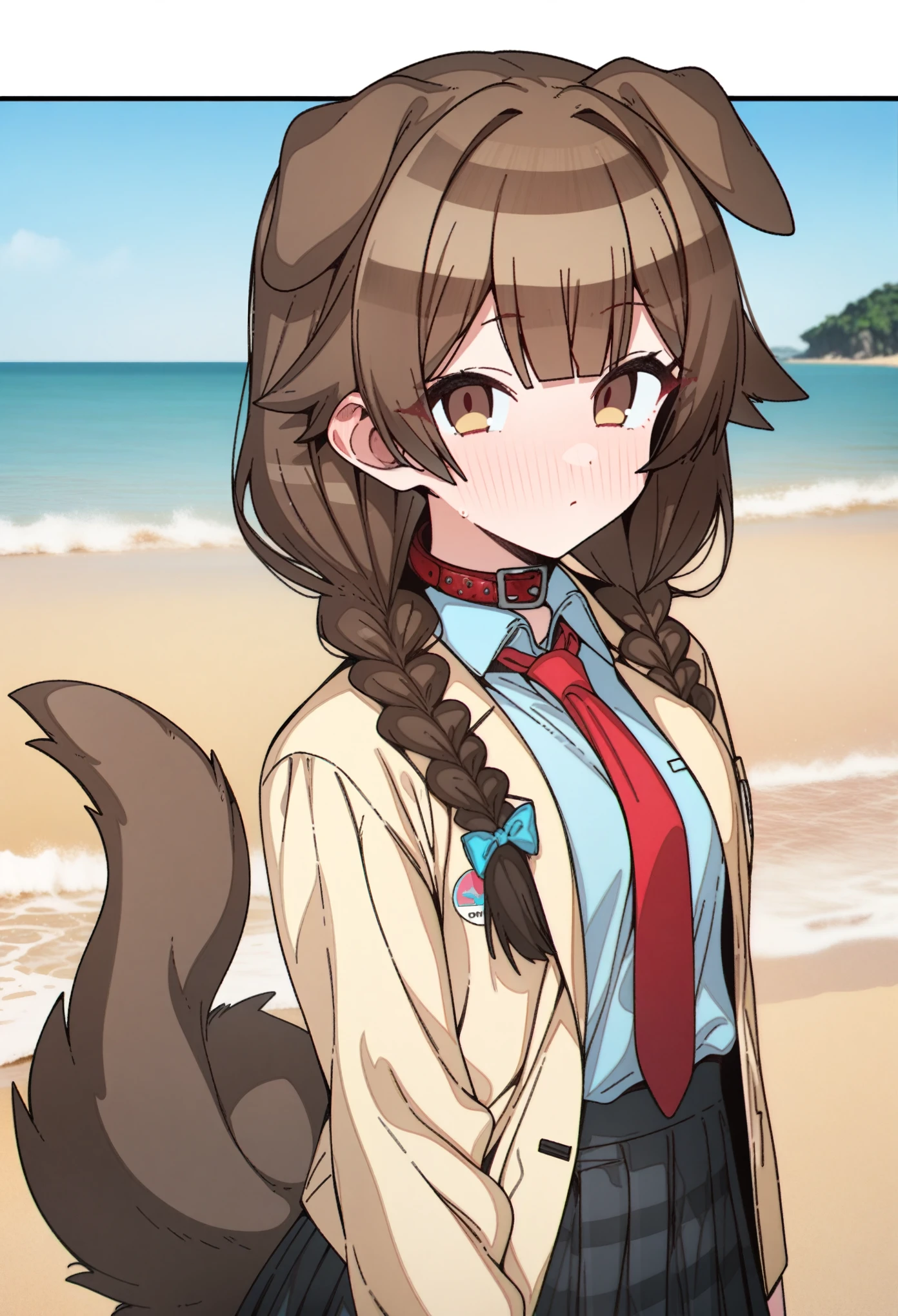 hoshino_(blue_archive) with brown hair and brown eyes, Artist, erere, Copyrights, idolmaster, idolmaster_shiny_colors, Character, General, 1girl, brown_hair, blunt_bangs, blush, medium_breasts, breasts, detailed eyelashes, beatiful girl:1, brown_eyes, censored, school_uniform, pleated skirt, blazer, red tie, dog_tail, animal_collar, twin_braids, dog_ears, bone_hair_ornament, :|:0.5, (full_body) (standing in middle, beach), sky:0.7, half-closed_eyes, detailed, sand, outdoors, from_side, looking_at_viewer, masterpiece, best_quality, great_quality, girl, solo, center_composition, centered character, cute