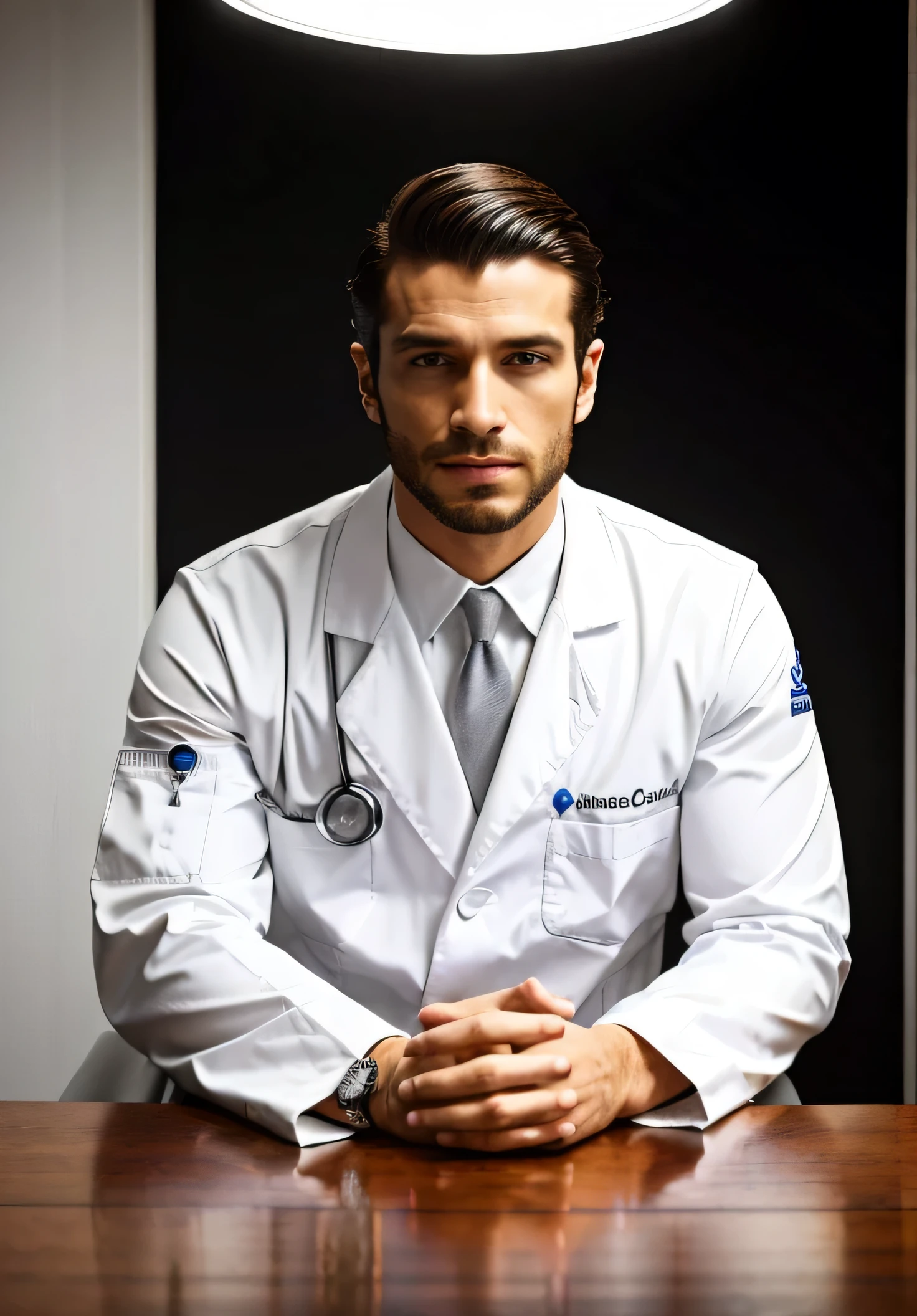 homem arafiado de terno branco e gravata sentado em uma mesa, foto de um homem, sentado na mesa, Wearing a doctor's outfit, foto corporativa, homem bonito, retrato profissional hd, wearing white doctor suit, sentado em uma mesa, a foto de um homem, bonito e atraente, foto de perfil profissional, homem atraente, sitting behind the table
