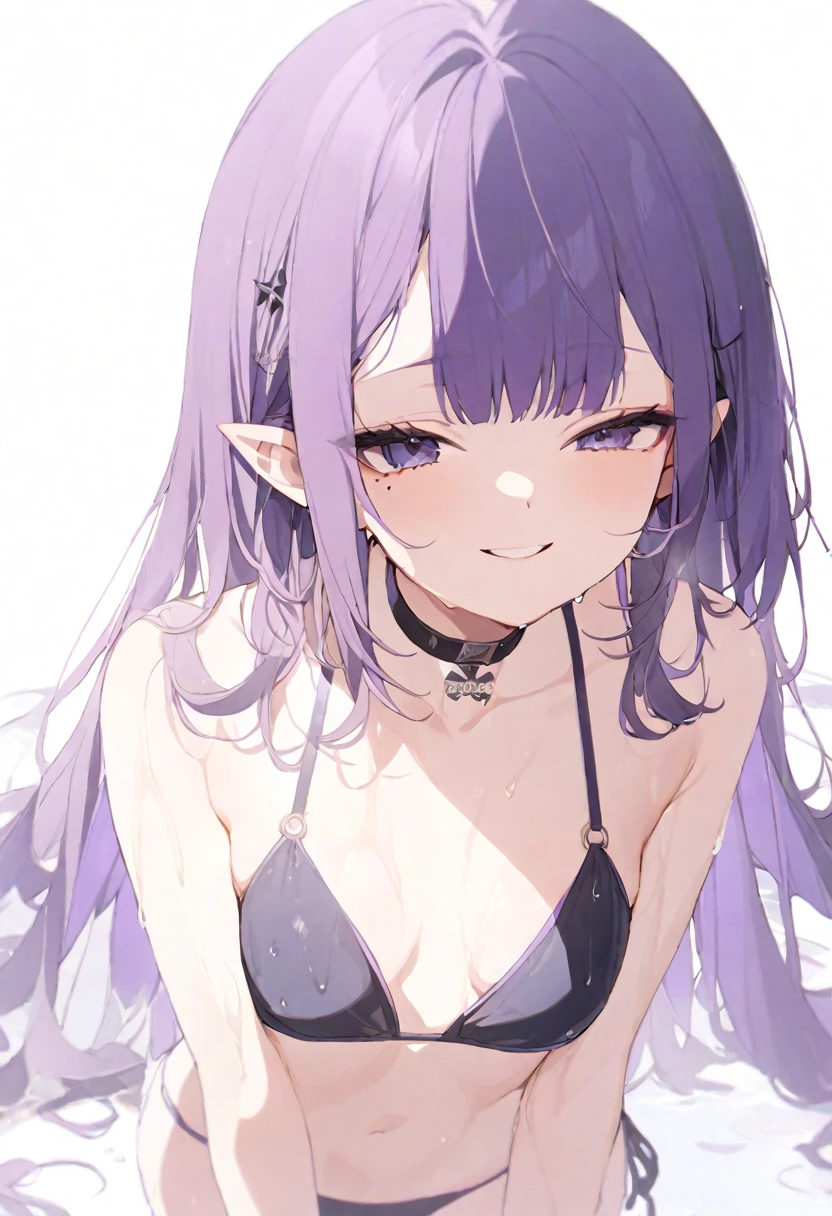 (masterpiece), (best quality), perfect face, beautiful girl, white background background, delicate and beautiful face and eyes, dark intense shadow,
1 girl, vtuber style, cool girl, hololive, ina, mole under eye, purple long hair, bikini, wet body, small chest, cropped shoulders, clavicle, winking, smile, bare feet, chest visible through clothes, ass visible through thighs, (full body), looking at viewer, standing,