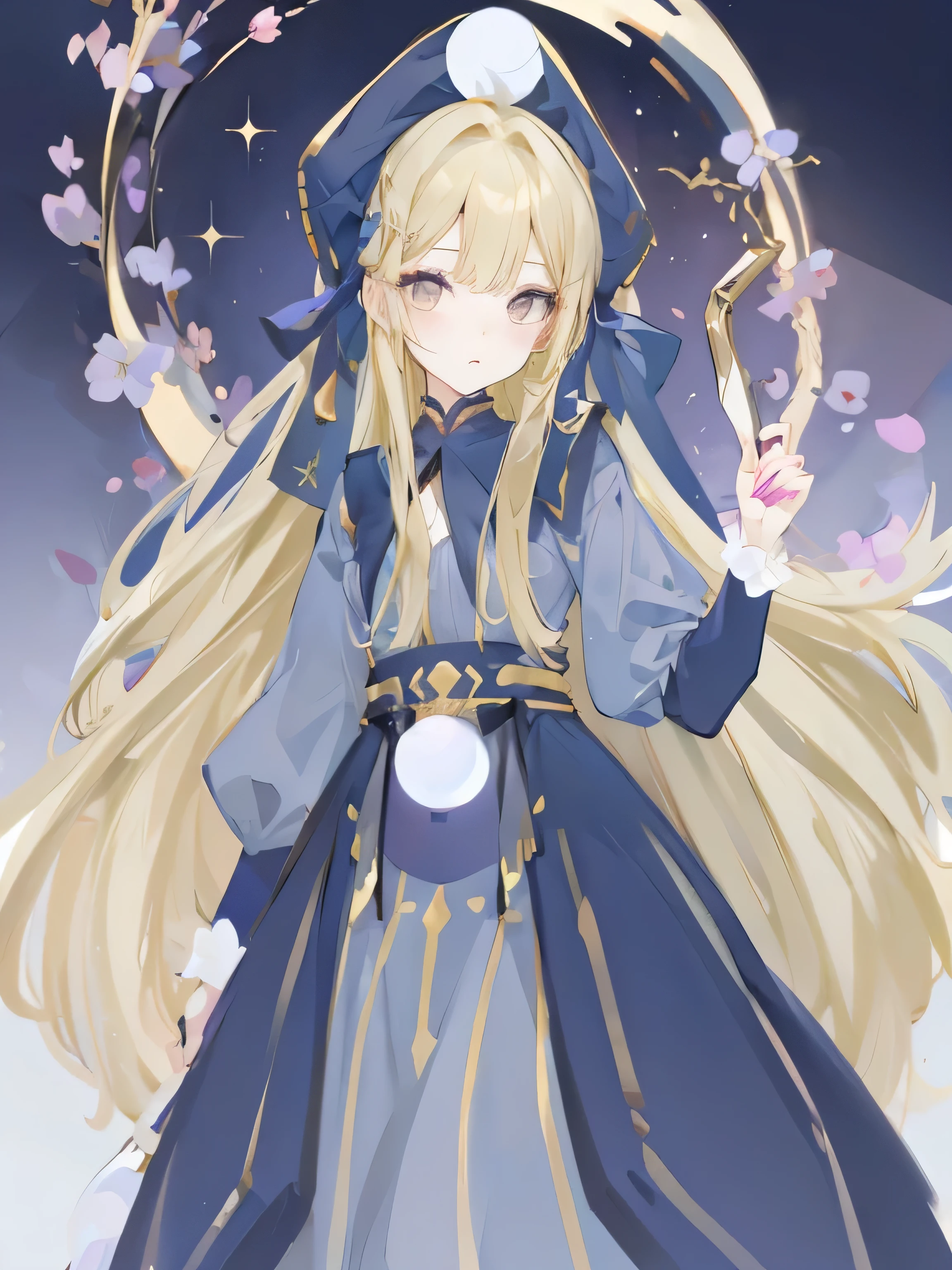 Long blonde hair,,Golden Eyes,Wearing a lavender dress,Holding a staff,Sideways,Western fantasy style background