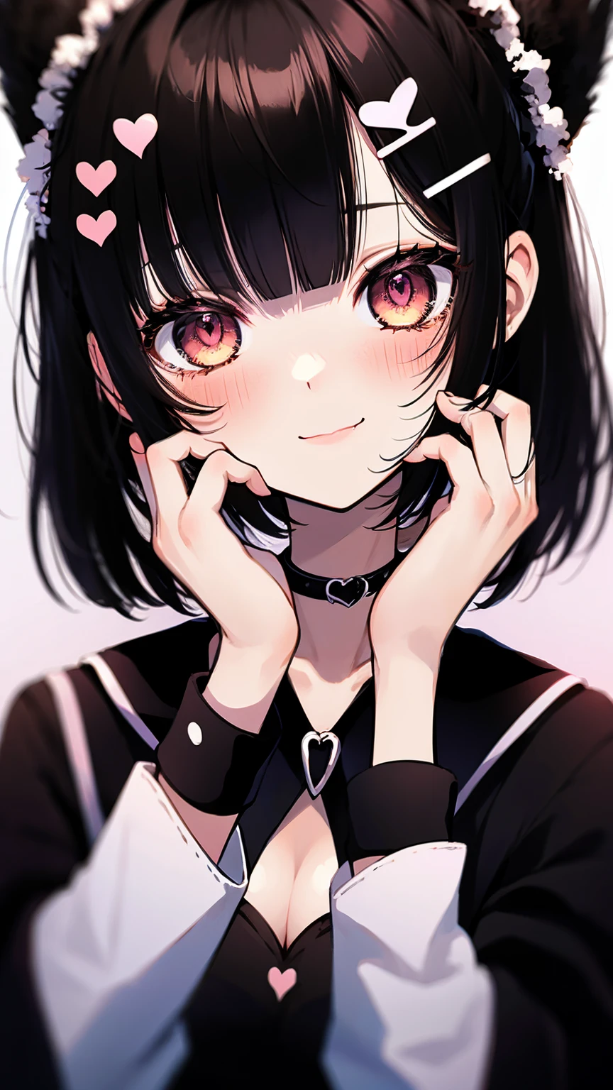 ((best quality)), ((highly detailed)), masterpiece, absurdres, detailed face, beautiful face, (1girl), yandere trance, yandere, hands on own face, hands on own cheeks, creepy, messy bangs, short messy hair, black hair, smiling, black lipstick, wide angle, heart-shaped_pupils, tan, smoky eyes, mascara, eyeliner, blush