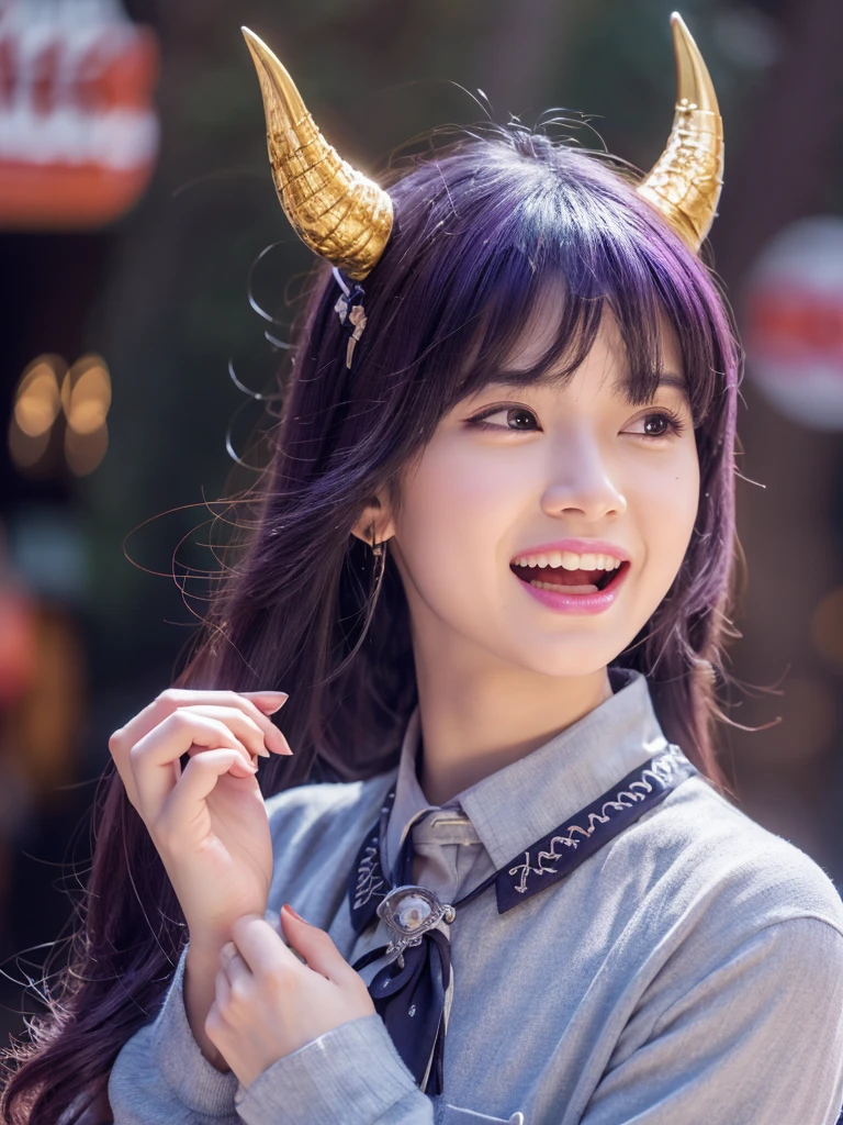 (Ultra-detailed face, Roar, shout:1.3), (Fantasy Illustration with Gothic & Ukiyo-e & Comic Art),d) 1boy, bangs, closed mouth, grey hair, horns, jewelry, long hair, long sleeves, looking at viewer, male focus, nail polish, necklace, pointy ears, purple eyes, purple nails, purple shirt, red background, shirt, smile, solo, upper body, wings