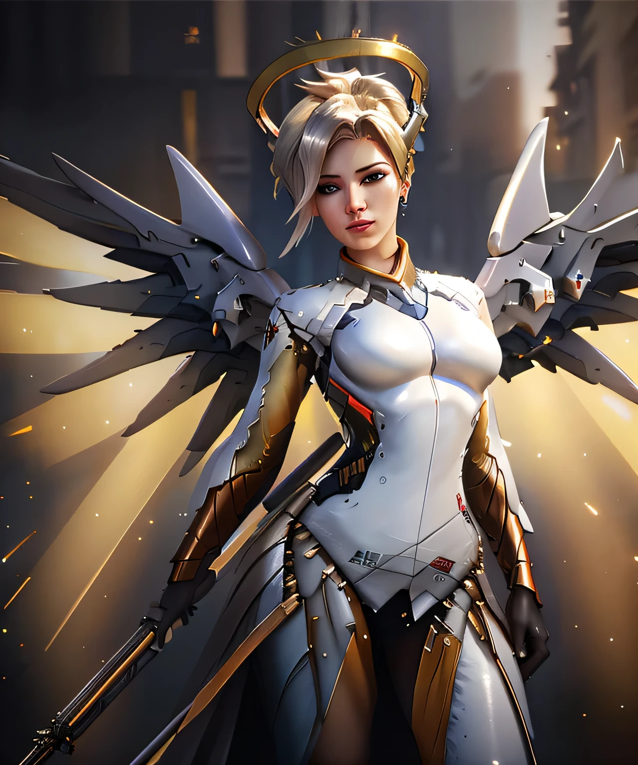 (dark theme:0.9), a woman, mercy, wings, posing, by conor harrington (hdr:1.22), muted colors, complex background, hyperrealism, hyperdetailed, amandine van ray, full body immage, sexy pose, detailed face, noughty face