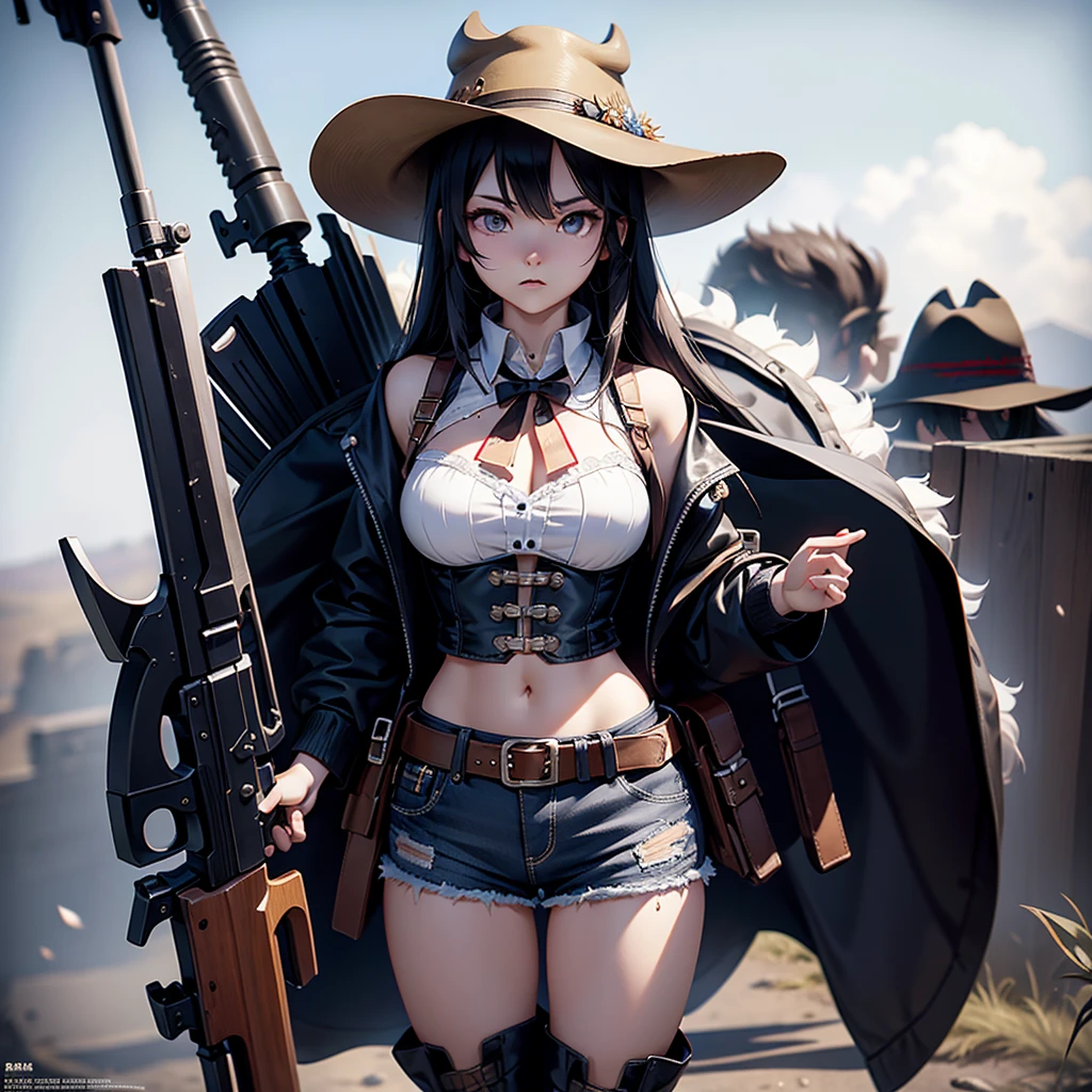 highest quality、masterpiece、Official Art、The best configuration、western hat、Western Boots、White bustier、hot pants、Gun hanging from waist、Wind、Deep concentration,Absurd、Detailed eyes and face、He threatened Hideo.、 Grim Reaper's Scythe、White hair and blue inner color like a futuristic flying vehicle、
