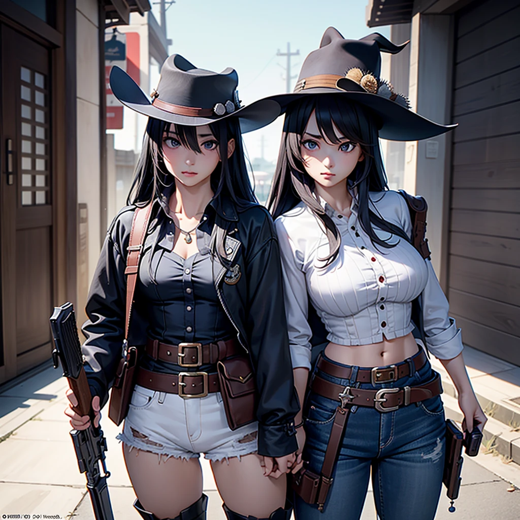 highest quality、masterpiece、Official Art、The best configuration、western hat、Western Boots、White bustier、hot pants、Gun hanging from waist、Wind、Deep concentration,Absurd、Detailed eyes and face、He threatened Hideo.、 Grim Reaper&#39;s Scythe、White hair and blue inner color like a futuristic flying vehicle、