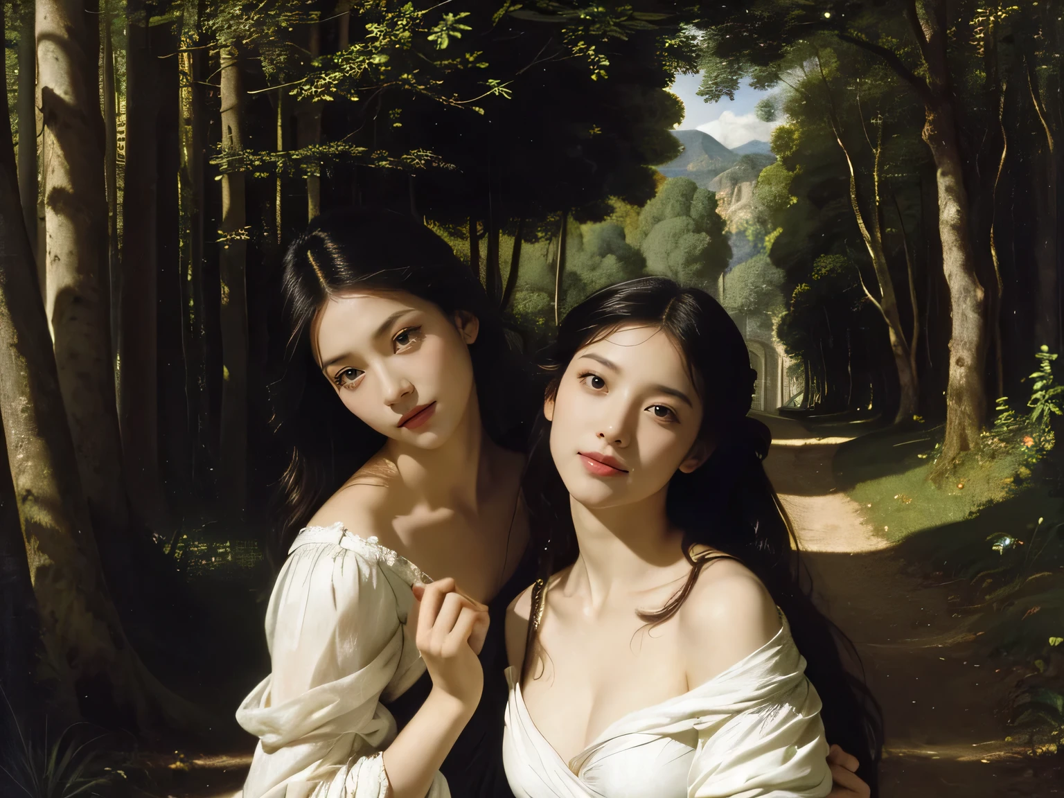 Giorgione painting style,Barbizon forest A beautiful woman in Greek dress smiles on the shore,Sweet and seductive appearance.、Caravaggio's paintings、Chiaroscuro of Caravaggio、hair tousled by the wind,Two women frolicking,cute smile, expression of ecstasy,Sexy,??????, full body portrait