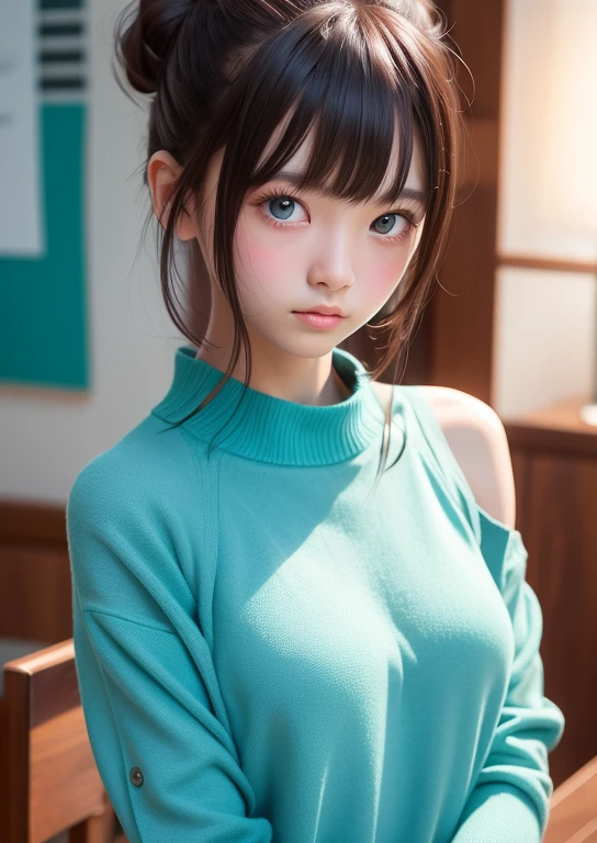 (((Upper body shot,Close-up photo)))、(((Shoulder-length brown straight hair,With bangs,Bun hairstyle)))、(((Against a light interior background)))、(((Turquoise Summer Sweater)))、18 years old、angry girl、D cup breasts、Protruding dot on chest、Light eye makeup、Ultra-realistic faces、High resolution 16K、Skin texture must be natural、Use natural light and color、 High-quality photos taken by model agencies.