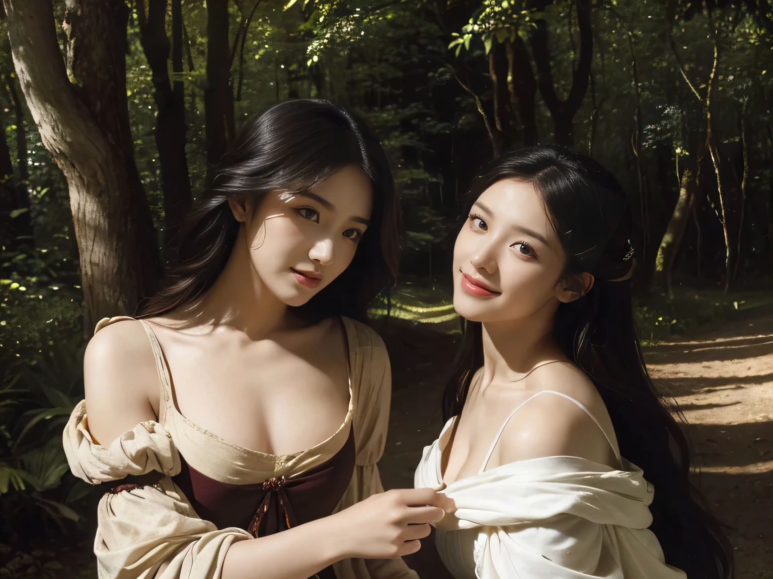 Giorgione painting style,Barbizon forest A beautiful woman in Greek dress smiles on the shore,Sweet and seductive appearance.、Caravaggio's paintings、Chiaroscuro of Caravaggio、hair tousled by the wind,Two women frolicking,cute smile, expression of ecstasy,Sexy,erotic, full body portrait