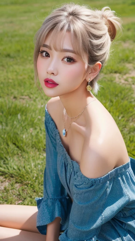 (8k, Photorealistic, Raw photo, Highest quality: 1.4),Japanese idol style1Beautiful girl of the person,20-year-old,Short bob hairstyle,Silver Hair,Hang your hair over your ears,Wearing small earrings in the ears,Big, clear grey eyes,Long eyelashes,Plump Cheeks,She is wearing pink lipstick,Apply gloss over your lipstick for glossy, plump lips,A short pendant hangs around her neck.,Wearing an off-the-shoulder dress,barefoot,On the grass in the park,Full body portrait
