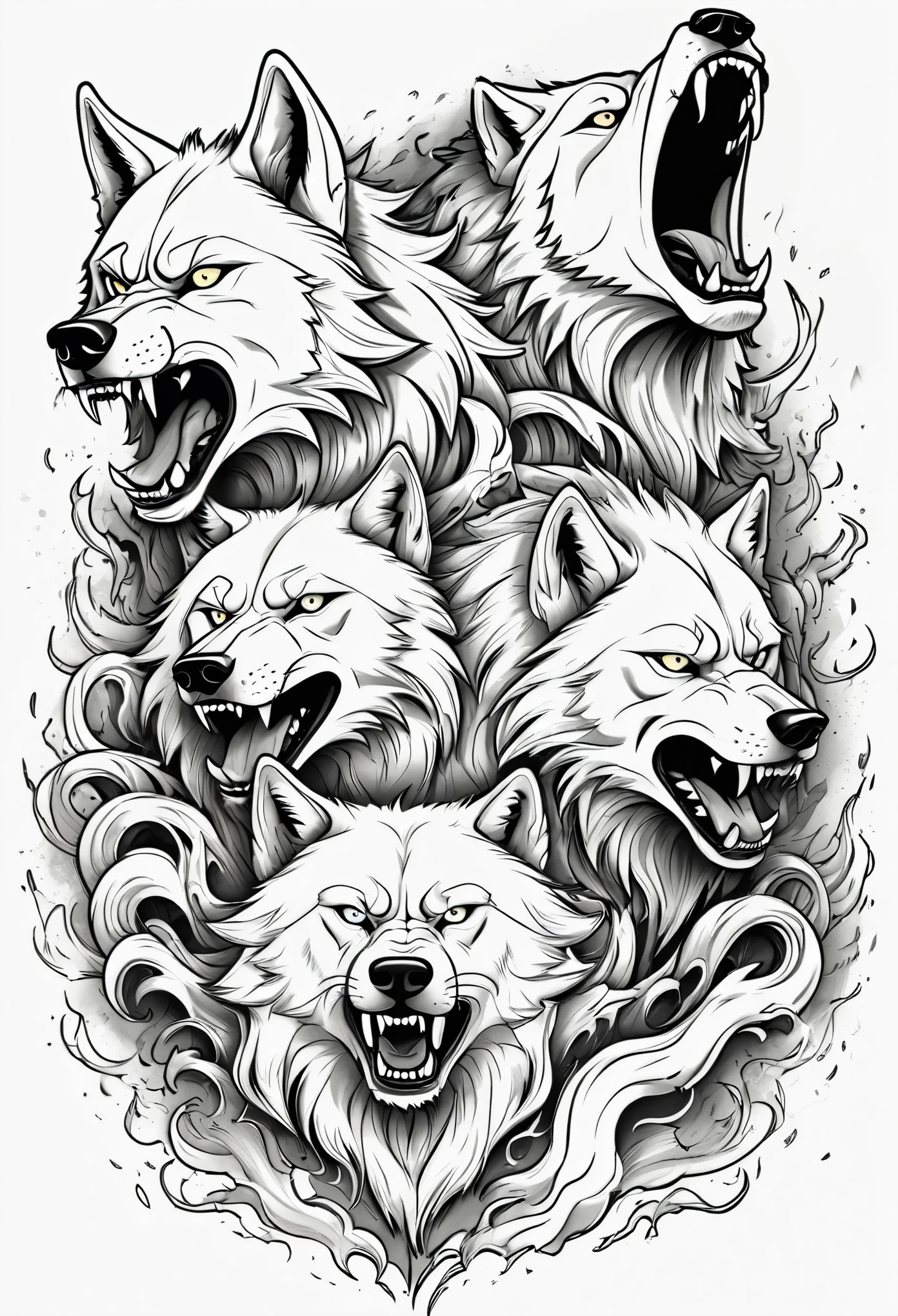 b/w vector illustration line outline of abstract graffiti outline of full body scary fury wolves, black and white line drawing, coloring book page, no noise, autline art, isolated on a white background, coloring pages,(((((white background))))), only use outline, cartoon stzle, soloring book, clean line art, white background.oprav oznacenou hlavu. adjust the fangs