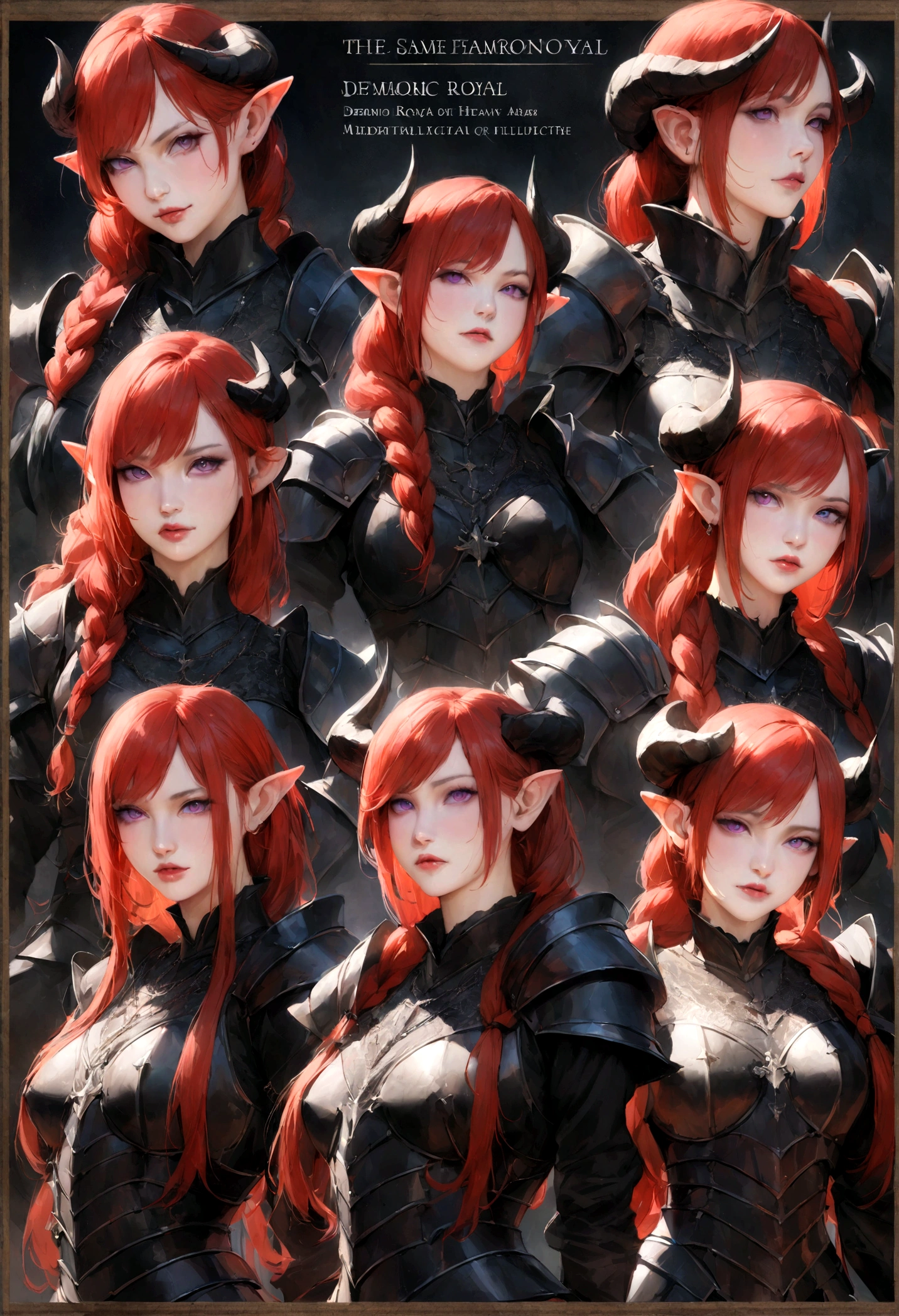 (Masterpiece, best quality), detailed, character sheet, many items (the same person, medieval royal armor, demonic heavy armor, fullplate armor, many parts), athletic, busty, demon, demon girl, detailed beautiful purple eyes, detailed face, pointy ears, red hair and white skin, braided ponytail, demon horns, full of details,realistic.