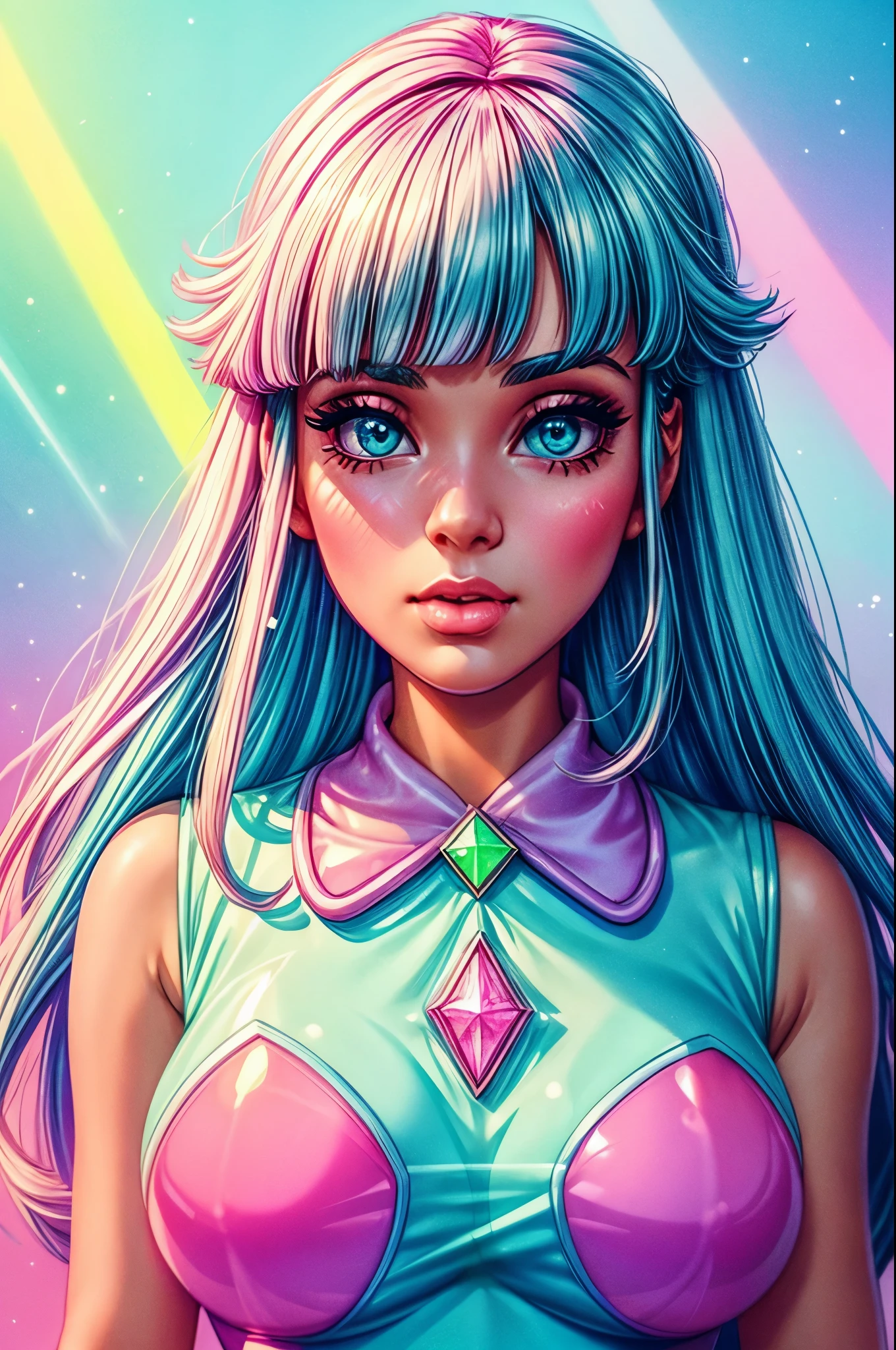 (fluorescent colors:1.4),(translucent:1.4),(retro filters:1.4), (fantasy:1.4), candy world Disney land ethereal soft fluffy soft landscape forest snowavatar Pastel pink sky green blue sparkle ethereal light pastel whimsical light rainbow stars diamonds sparkle gemstone background hyper realistic Ultra quality cinematic lighting immense detail Full hd painting Well lit,diagonal bangs, , collared dress,on side, masterpiece, best quality,realskin,(portrait:1.5), 1girl, blunt bangs, long hair