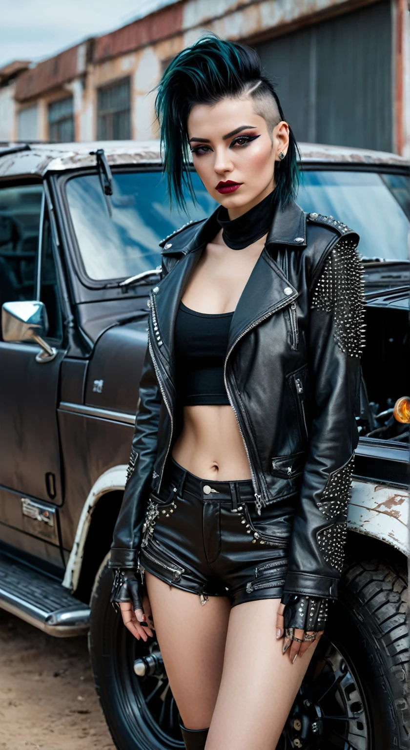 a woman in a cuero jacket and shorts posing next to a car, wearing studded cuero, wearing cyberpunk cuero jacket, very aesthetic cuero jacket, mirada ruda, she wears cuero jacket, seductive dark fantasy cyberpunk, cuero clothing, dressed in biker cuero, cuero clothes, cuero, traje estilo cyberpunk, traje punk, cuero clothing and boots, toda la ropa negra cyberpunk, tenso