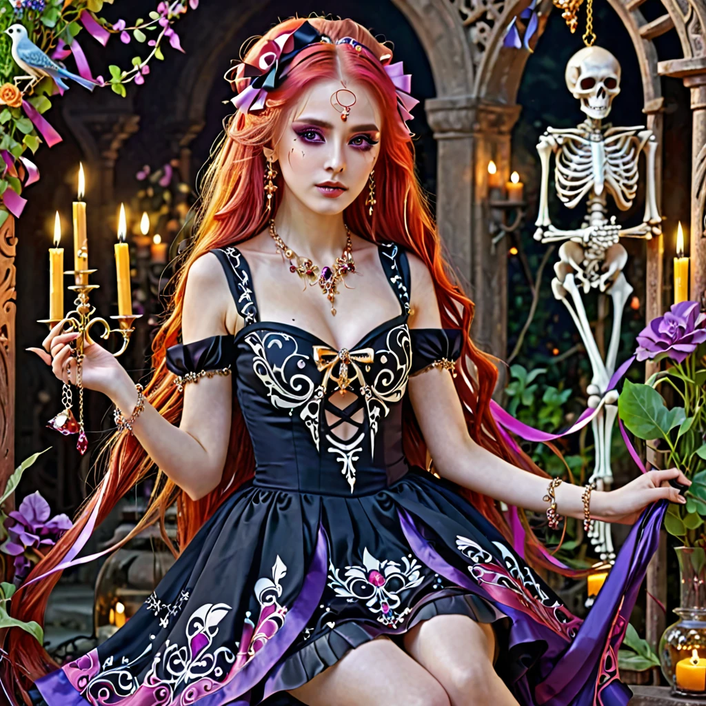 1girl, long bloody hair, bright hair color, seductive eyes, mysterious expression, mature appearance, charming dress, flowing short dress, elegant jewelry, intricate decoration, magic symbols, glowing accessories, potions, scrolls, cute accents, bows, ribbons, flowers, birds, skeleton