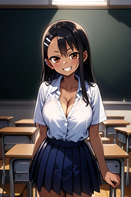 One girl, Cowboy Shot, Grin, classroom, fighting sSunburnce,
nagatoro_hayase, Brown eyes, Black Hair, Long Hair, Dark Skin, Woman with dark skin, Sunburn, Sunburnlines, Hair Clip, , White shirt, Collared shirt, Pleated skirt, highest quality, masterpiece, High resolution, (Huge round breasts:1.2,Cleavage)