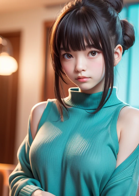 (((Upper body shot，Close-up photo)))、(((Shoulder-length brown straight hair，With bangs，Bun hairstyle)))、(((Against a light interior background)))、(((Turquoise Summer Sweater)))、18 years old、angry girl、D cup breasts、Protruding dot on chest、Light eye makeup、Ultra-realistic faces、High resolution 16K、Skin texture must be natural、Use natural light and color、 High-quality photos taken by model agencies.