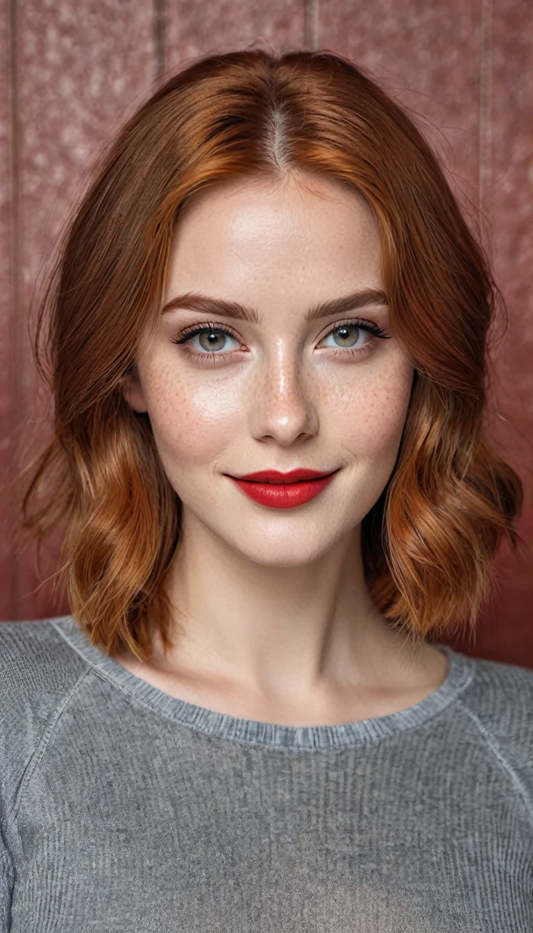hyperrealistic beautiful busty 19-year-old woman with long legs wearing grey longsleeve and tight skinny jeans, model shooting full body photography, natural redhead classic bob, freckles, soaky wet skin, dark eye makeup with eyeliner, seductive smile, red lips, 8K, Best quality, Meisterwerk, ultra high resolution, (Realismus: 1.4), Originalfoto, (realistische Hautstruktur: 1.3), (Filmkorn: 1.3), (Selfie-Winkel), 1 girl, Beautiful round hazel eyes and facial details, Meisterwerk, Best quality, indoor photography in front of a shiny leather wall, nsfw