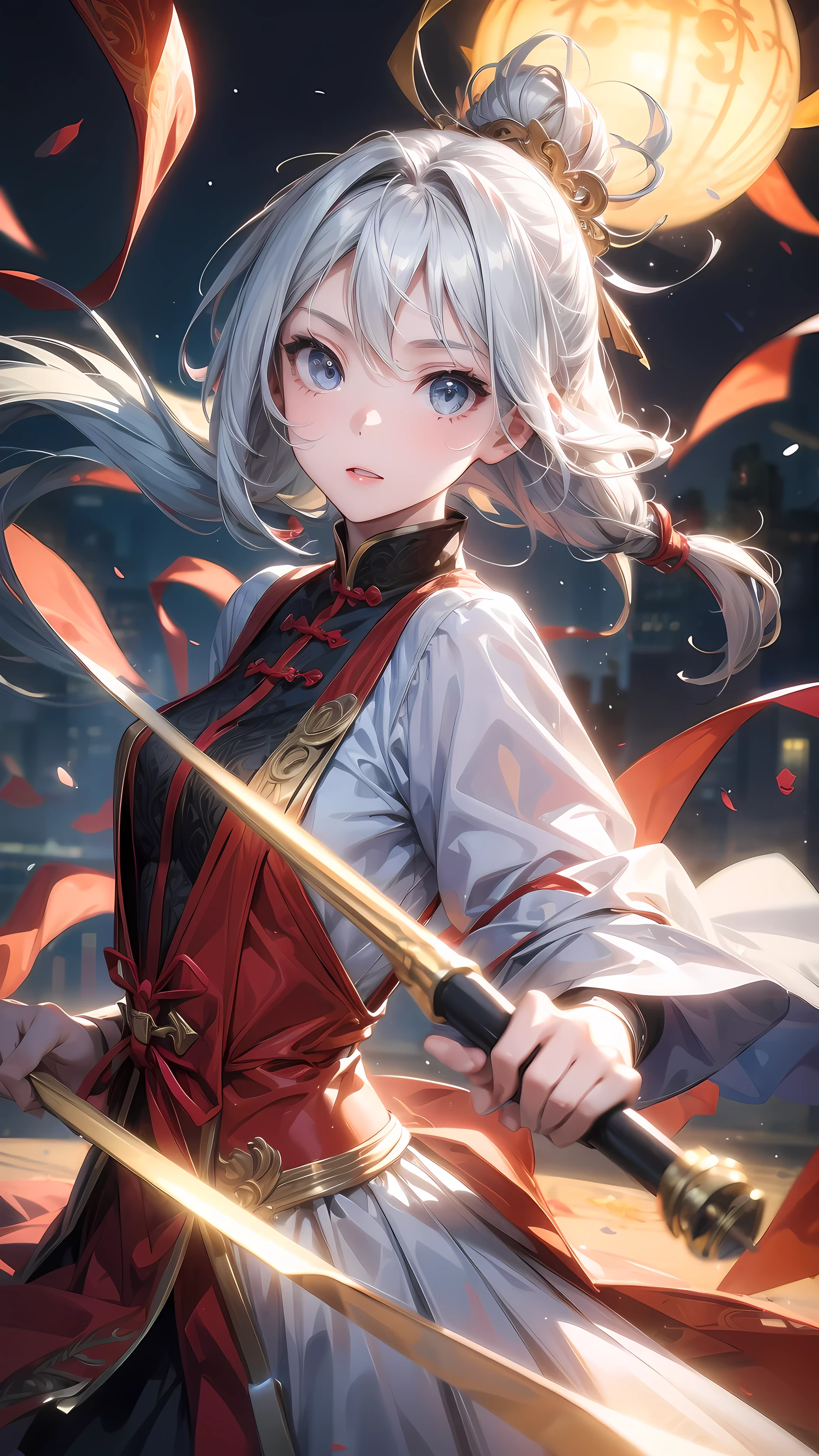 Two girls, A girl holding a piano, A girl holding a pipa, white hair, xianxia fantasy, CG social popularity, Chinese Tower, Foreground floats, Messy hair, Motion blur, movie lighting, Blurred foreground, Movement Line, High Detail, 16K, High resolution, Textured Skin, Super Detail