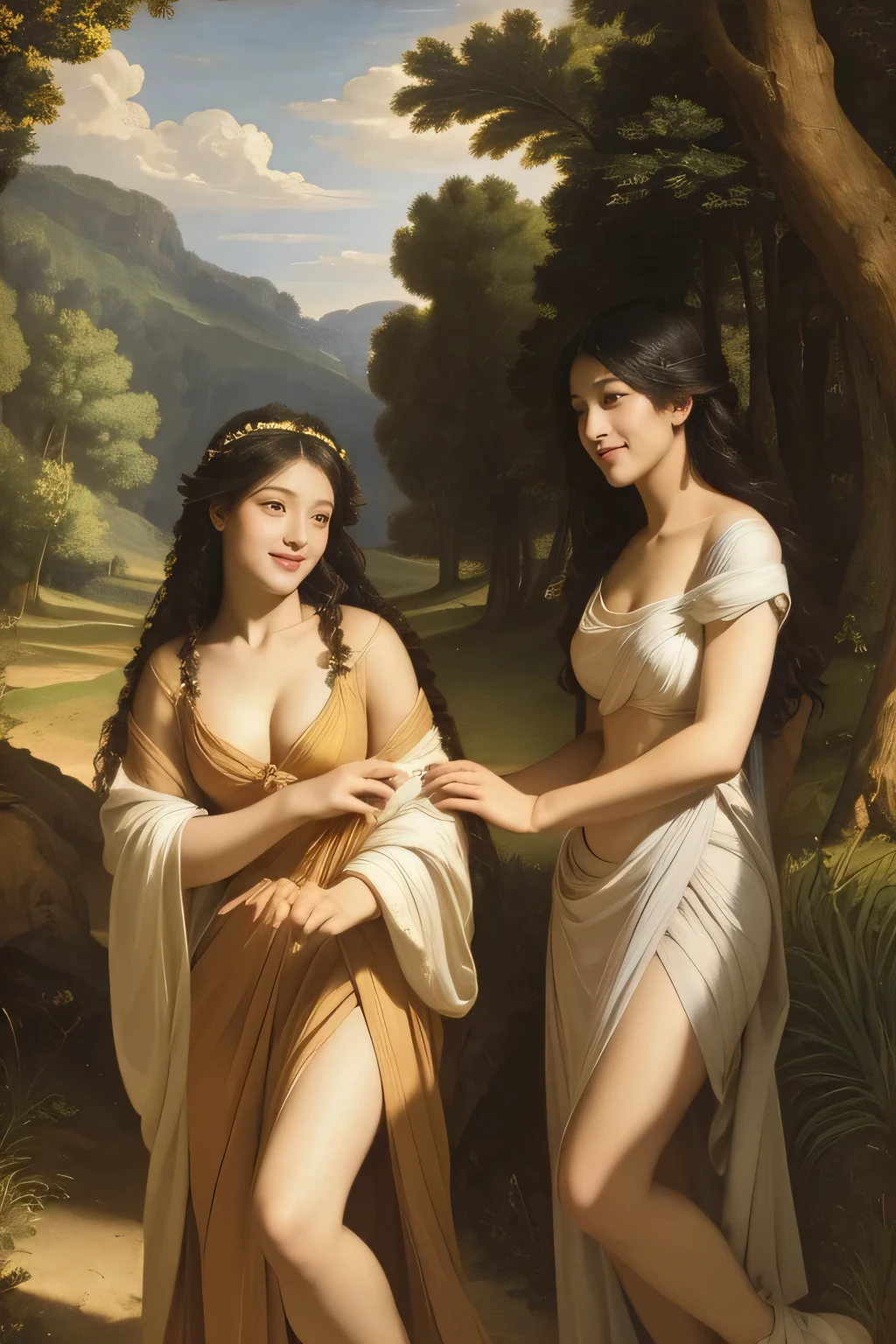 Giorgione painting style,Barbizon forest A beautiful woman in Greek dress smiles on the shore,Sweet and seductive appearance.、Caravaggio's paintings、Chiaroscuro of Caravaggio、hair tousled by the wind,Two women frolicking,cute smile, expression of ecstasy,Sexy,erotic, full body portrait
