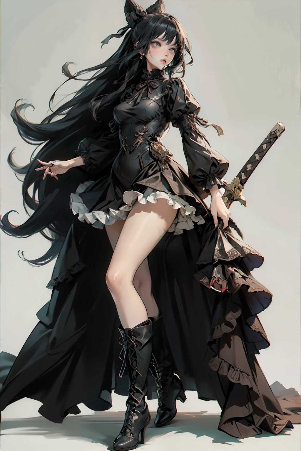 ((best quality)), ((masterpiece)), (detailed), blank white background, plain background, white background, Bloodborne inspired,  occult aesthetic, occult, detailed and intricate steampunk and detailed gothic, NSFW, Very dramatic and cinematic lighting, cosmic horror, grim-dark, side-lighting, perfect face, NSFW, Fluttering lace flared long knee length dress with frilly petticoats, knee length dress, pleated petticoats, lolita dress, petticoats gothic lolita, complex lace boots, wielding a sword and holding a shield, side-lighting, gothic lolita aesthetic, beautiful small breasts, small breasts, full body, whole body, body, plain background, white background, blank background, no background, white background NSFW, full body, whole body, head-to-toe