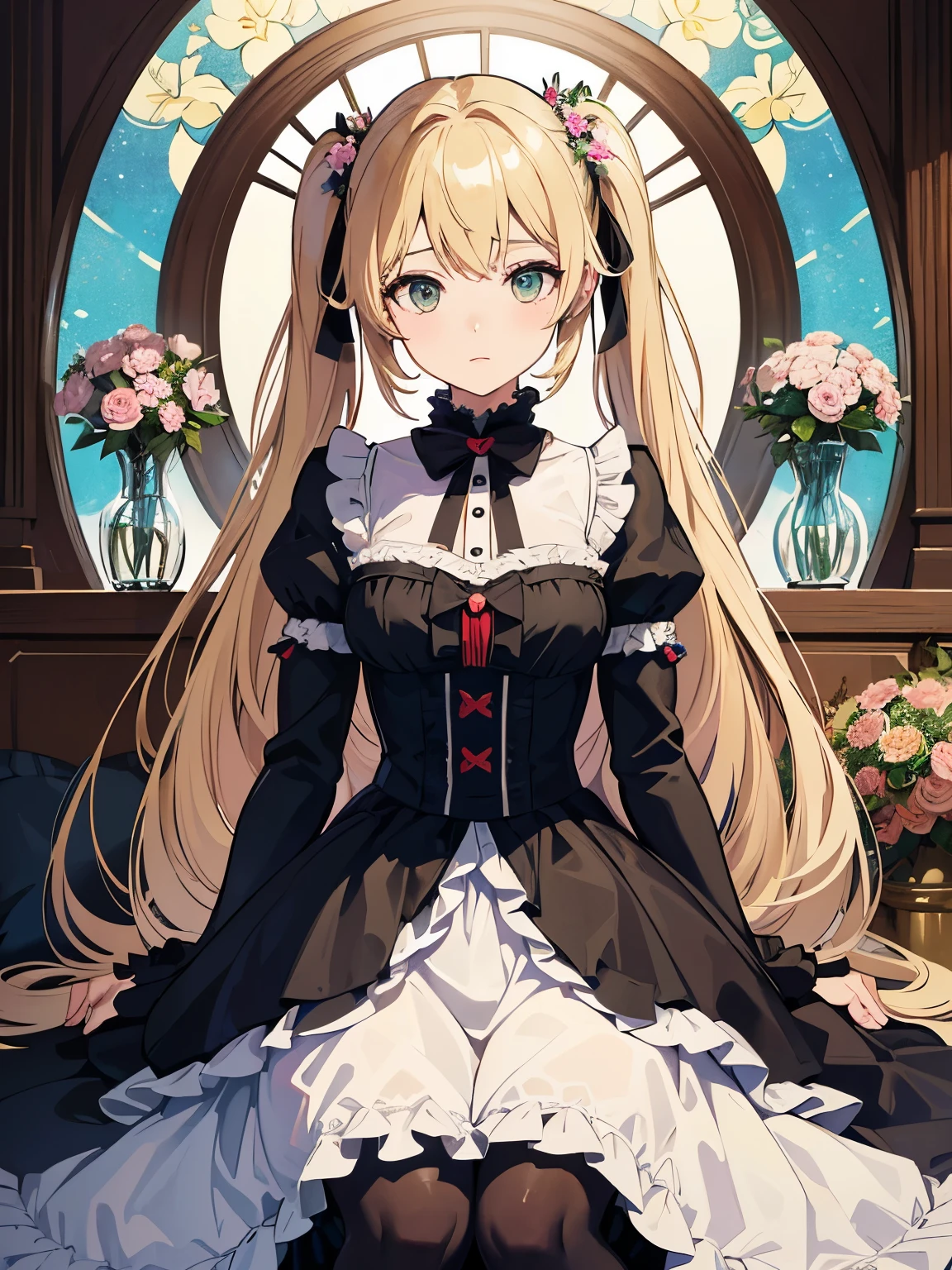 (masterpiece、highest quality、highest quality、Official Art、Beautiful and beautiful:1.2)、(One girl:1.3)Hatsune Miku、Twin tails,Beautiful breasts,Blonde girl in lolita clothes,Holding a tsundere black cat,Floral frame,Decorative panel,Abstract art,Alphonse Mucha's(masterpiece,highest quality,High resolution:1.4),Detailed,Intricate details,4K,Splashes of color,Line art,Fibonacci,
