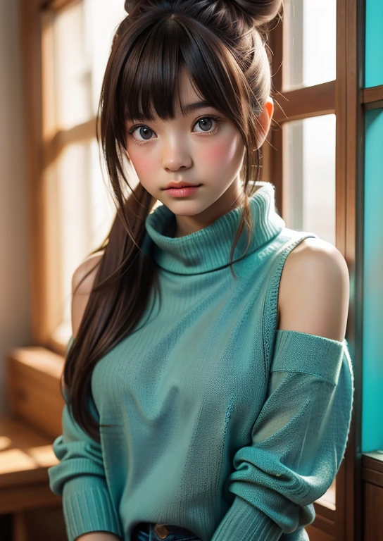 (((Upper body shot，Close-up photo)))、(((Shoulder-length brown straight hair，With bangs，Bun hairstyle)))、(((Against a light interior background)))、(((Turquoise Summer Sweater)))、18 years old、angry girl、D cup breasts、Protruding dot on chest、Light eye makeup、Ultra-realistic faces、High resolution 16K、Skin texture must be natural、Use natural light and color、 High-quality photos taken by model agencies.