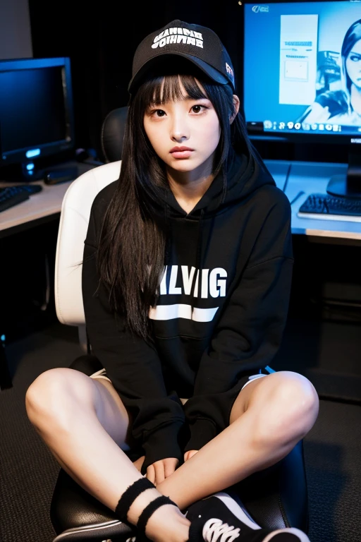 ((best quality)), ((masterpiece)), (detailed), 1girl, black hoodie , black cap , sitting on a gaming chair , beautiful straight black long hair , perfect hands , cute , angrily on keyboard , playing computer , pouting face , unsatisfied 