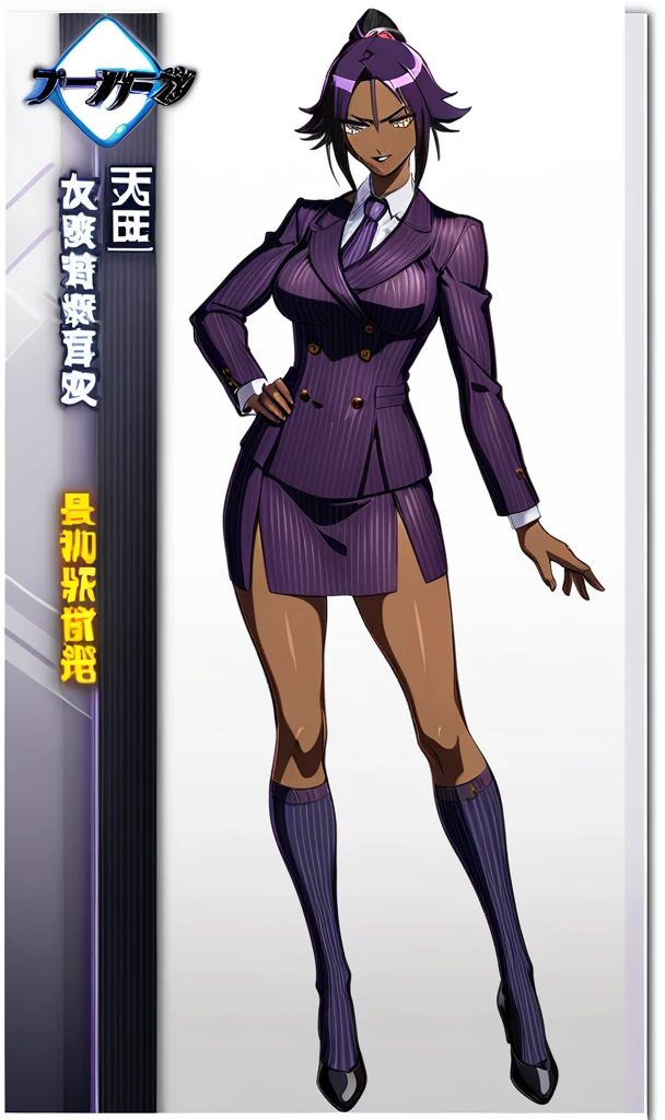  Full body Yoruichi as a thin Black business woman in a double breasted pinstripe purple  skirt suit while wearing a tie with a very long purple pinstripe skirt and with purple knee socks full art 