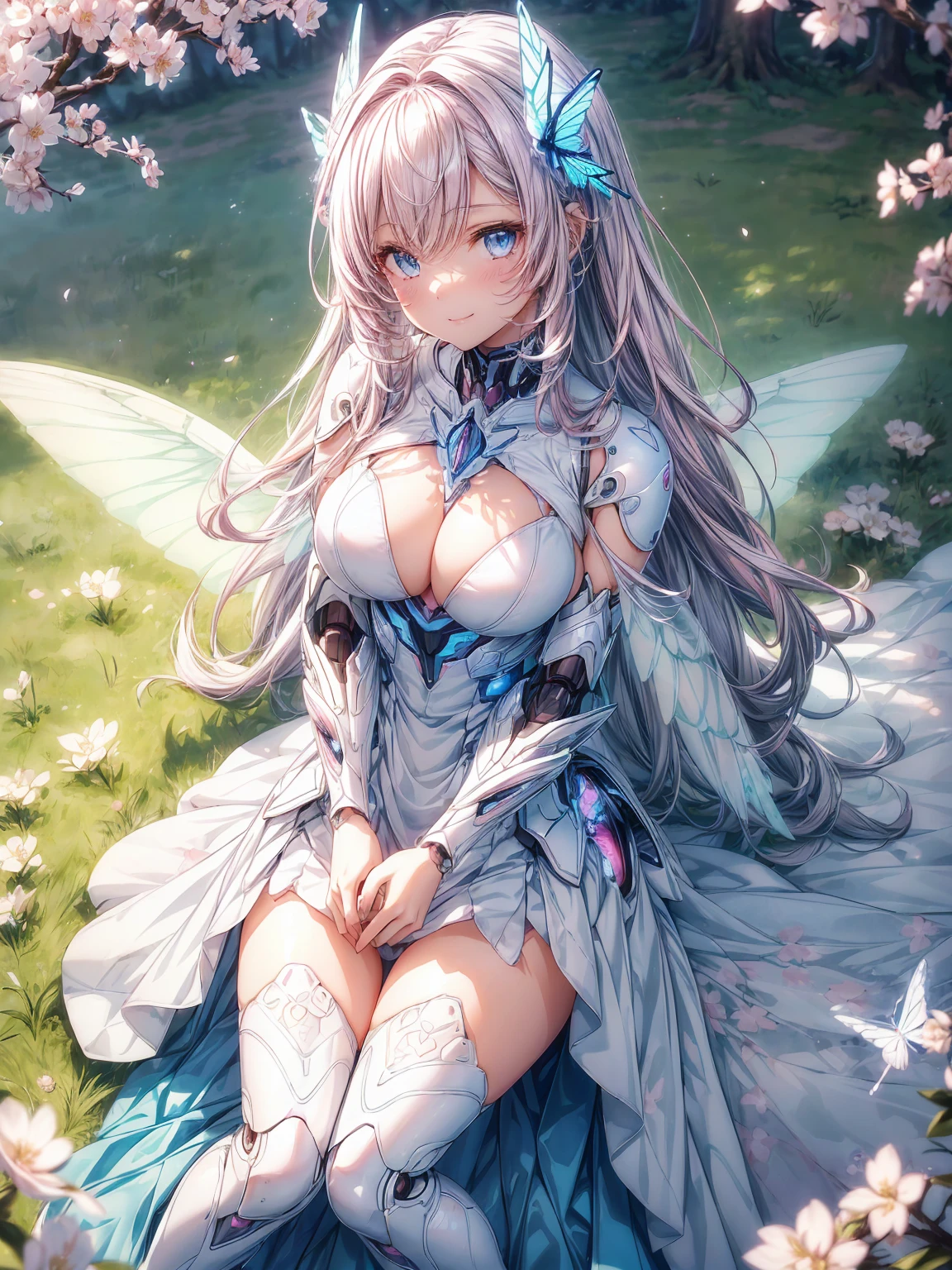 (1 girl: 1.0),
(Age 25:1.0), (Center of chest: 1.2), (Pink medium hair:1.0),
(Beautiful Face:1.1), (Clear blue little eyes: 1.0), (Cybernetic female robot: 1.0), (Very detailed mech suit:1.0),
(White Gothic Breastplate:1.0), (Doll joints: 1.0), (Gorgeous and modest white wizard dress skirt:1.1),
(Decorative embroidery:1.0), (White luxury dress:1.1), (Blue swallowtail butterfly wings on the back:1.3)、(Flight:1.1), (A kind smile:1.0),
An image of a female android Flight low over an undulating grassy field. There are many cherry blossom trees behind her, Blue sky and big cherry tree、Shining from above in the midday sun.
highest quality, masterpiece, (Watercolor style:1.2)