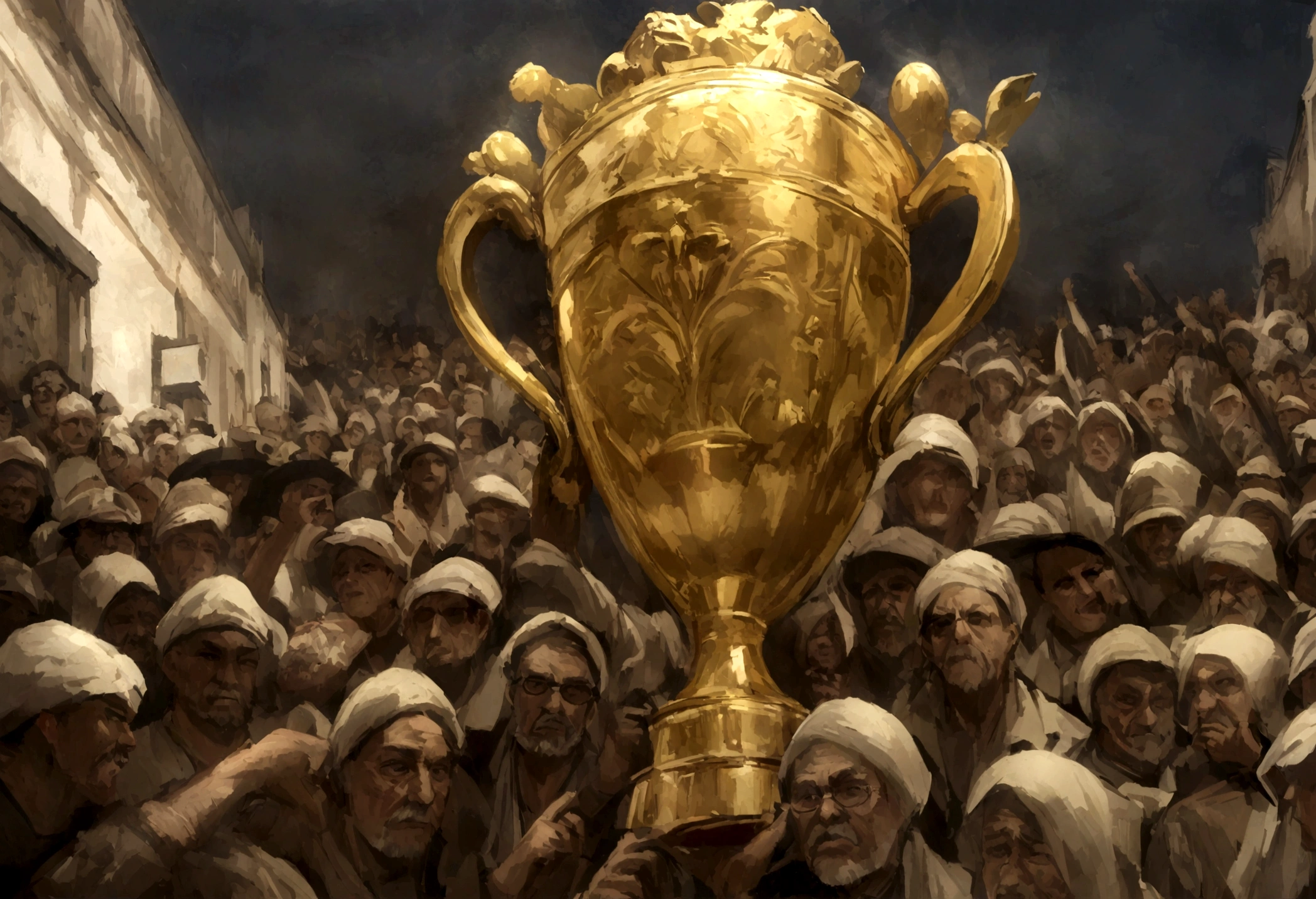 Milhares de estudantes escalaram a montanha, Pisando um no outro,Passeio,Estava cheio,muitas pessoas,Exagero,As montanhas estavam lotadas de estudantes, One of the students stepped into the crowd to lift the golden trophy, The scene isn't great, Claro e claro, 4k, oil painting texture, No details needed, artistic sense, Sentido da pintura, Classic oil painting, Misturado com ironia,