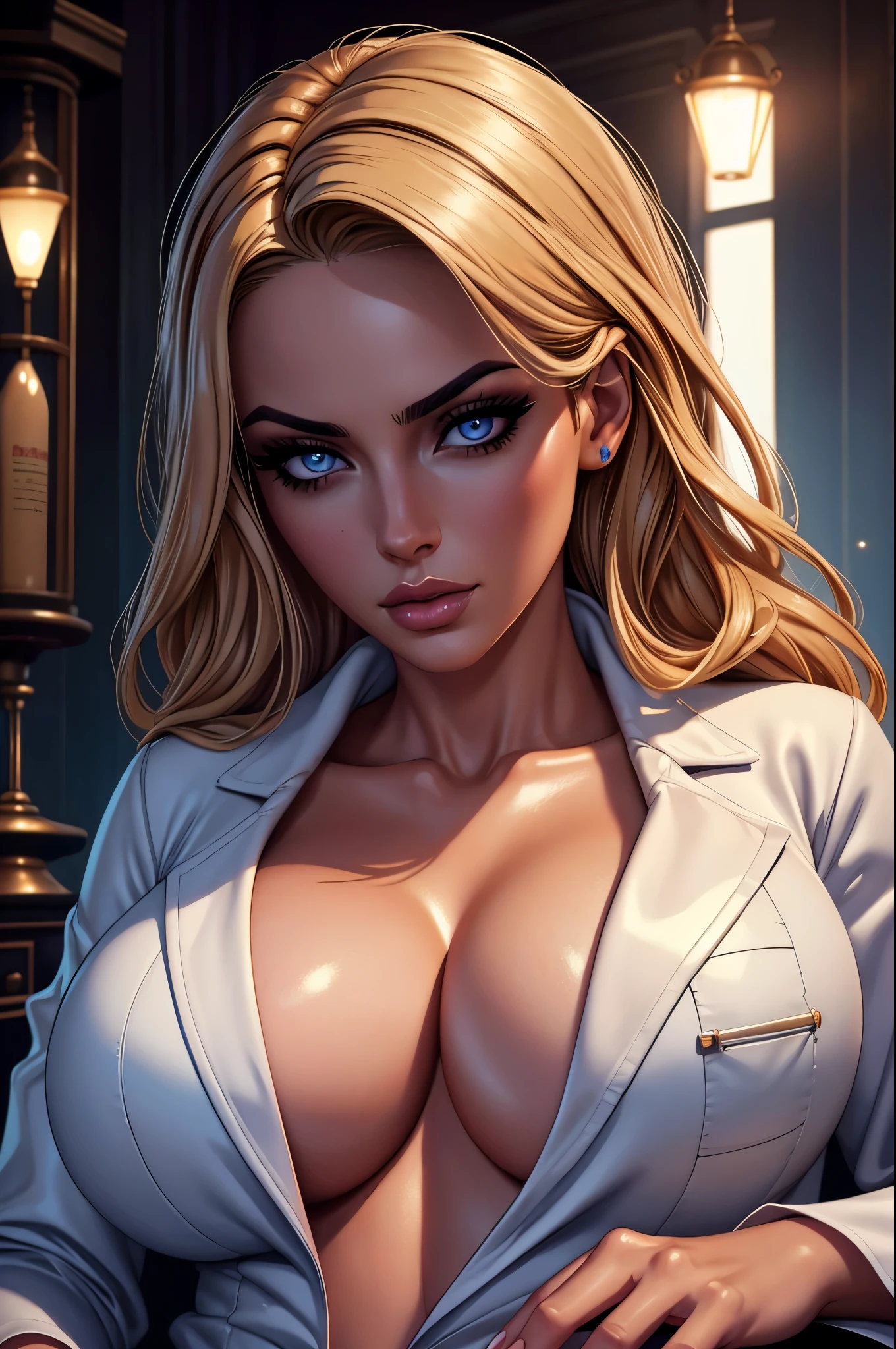 a sexy scientist lady, seductive, wearing a lab coat, covered in semen, beautiful detailed eyes, beautiful detailed lips, extremely detailed face, long eyelashes, alluring expression, dramatic pose, photorealistic, 8k, high resolution, hyper detailed, masterpiece, oil painting, cinematic lighting, dramatic colors, chiaroscuro, dark and moody