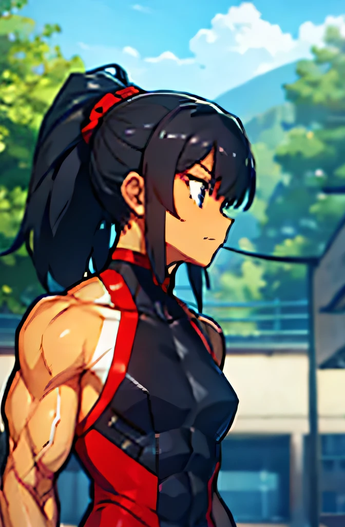 best quality,high resolution,fighter,(((muscle))),((tan)),tall,ponytail、Black Hair,woman,Muscular,tall,small bust